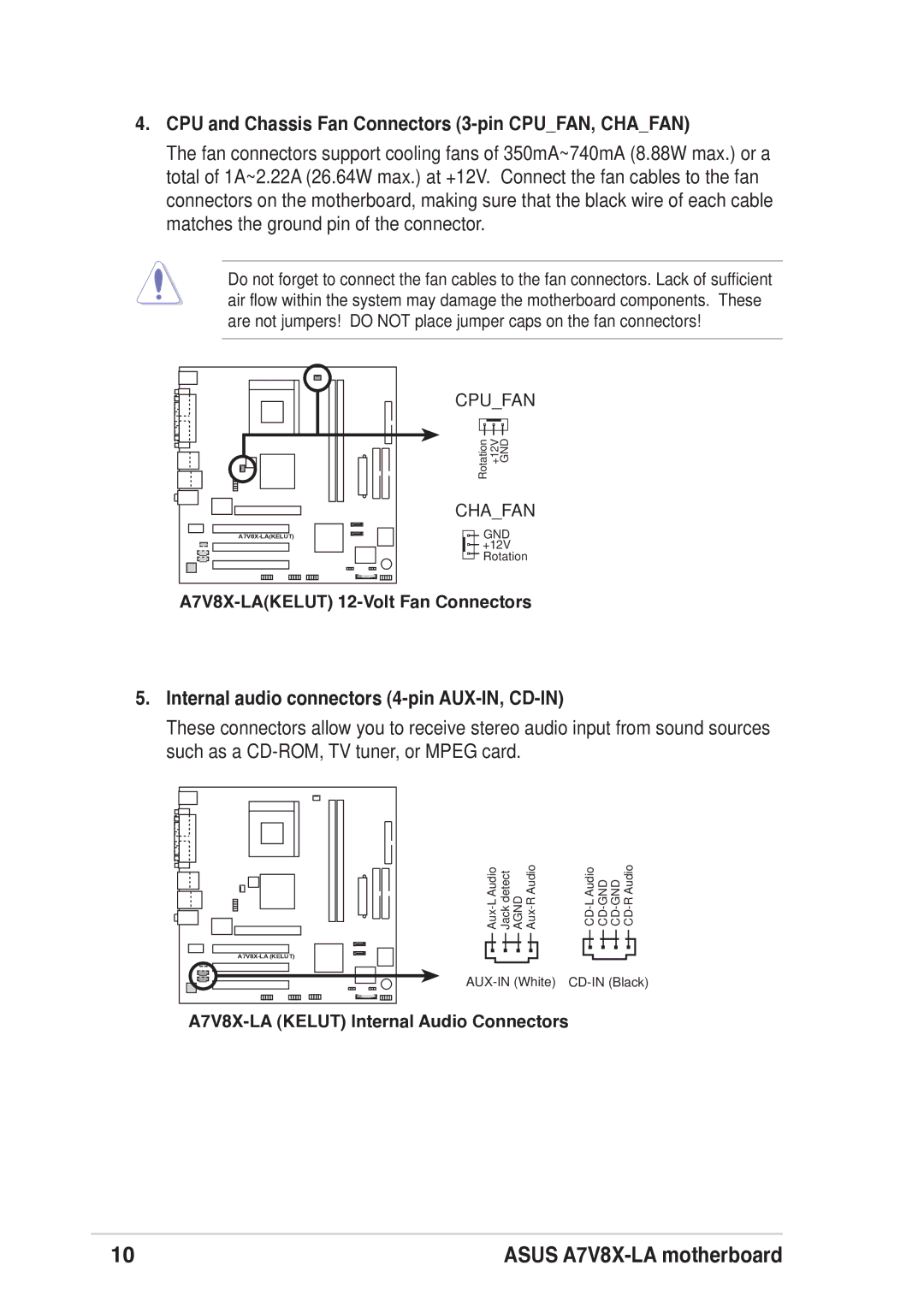 Asus A7V8X-LA manual CPU and Chassis Fan Connectors 3-pin CPUFAN, Chafan, Internal audio connectors 4-pin AUX-IN, CD-IN 