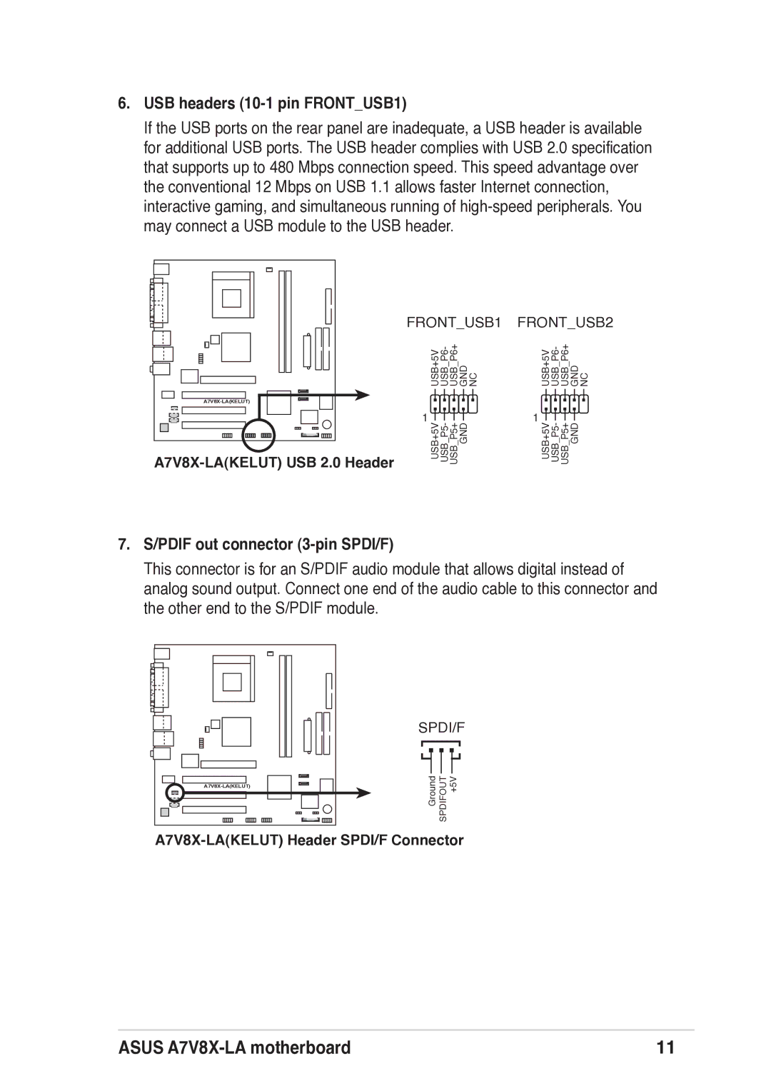 Asus ASUS Motherboard, A7V8X-LA manual USB headers 10-1 pin FRONTUSB1, Pdif out connector 3-pin SPDI/F 