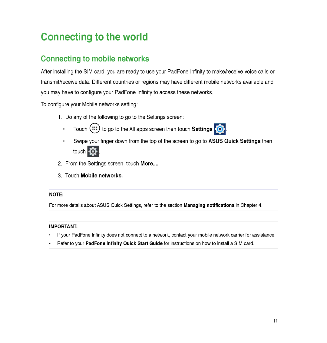 Asus P05, A86 user manual Connecting to the world, Connecting to mobile networks, Touch Mobile networks 