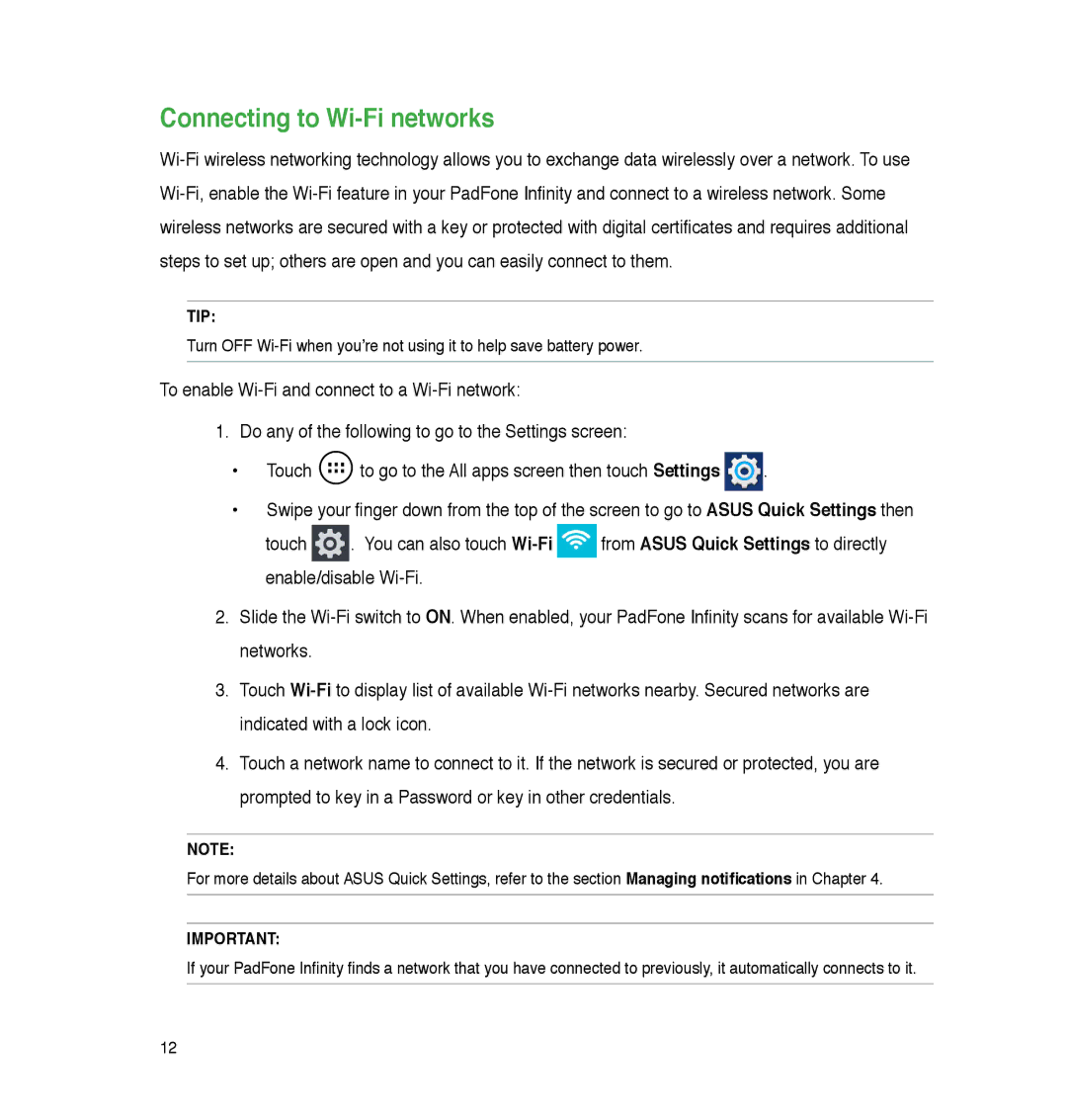 Asus A86, P05 user manual Connecting to Wi-Fi networks 