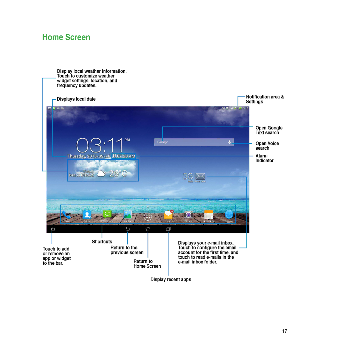 Asus P05, A86 user manual Home Screen, Displays local date Notification area & Settings 