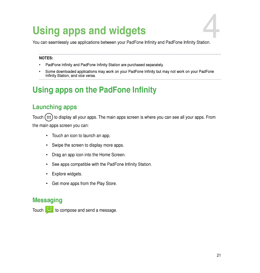 Asus P05, A86 user manual Using apps on the PadFone Infinity, Launching apps, Messaging 