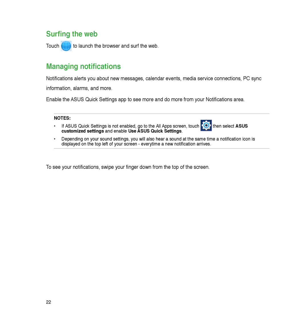 Asus A86, P05 user manual Surfing the web, Managing notifications 