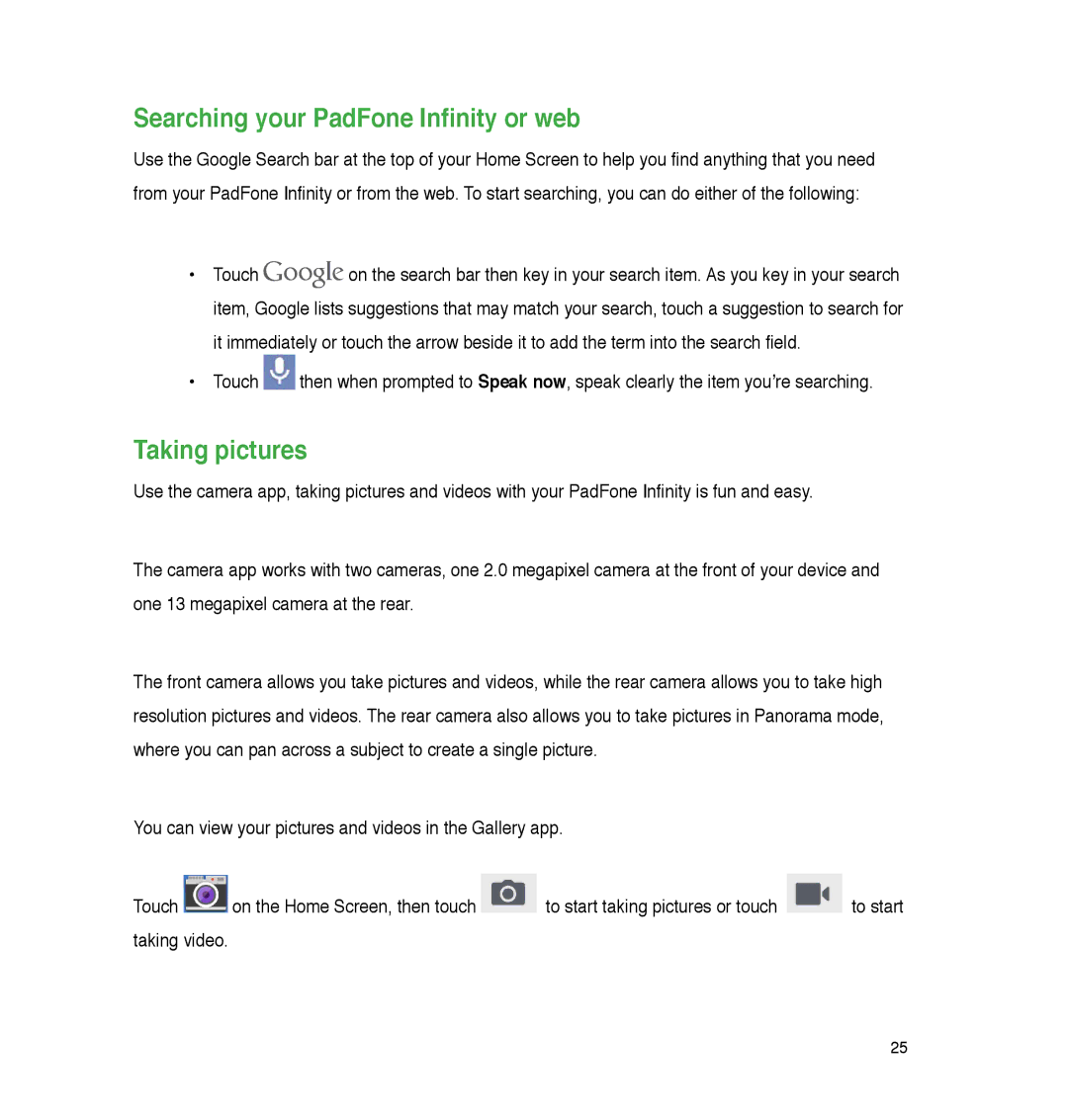 Asus P05, A86 user manual Searching your PadFone Infinity or web, Taking pictures 