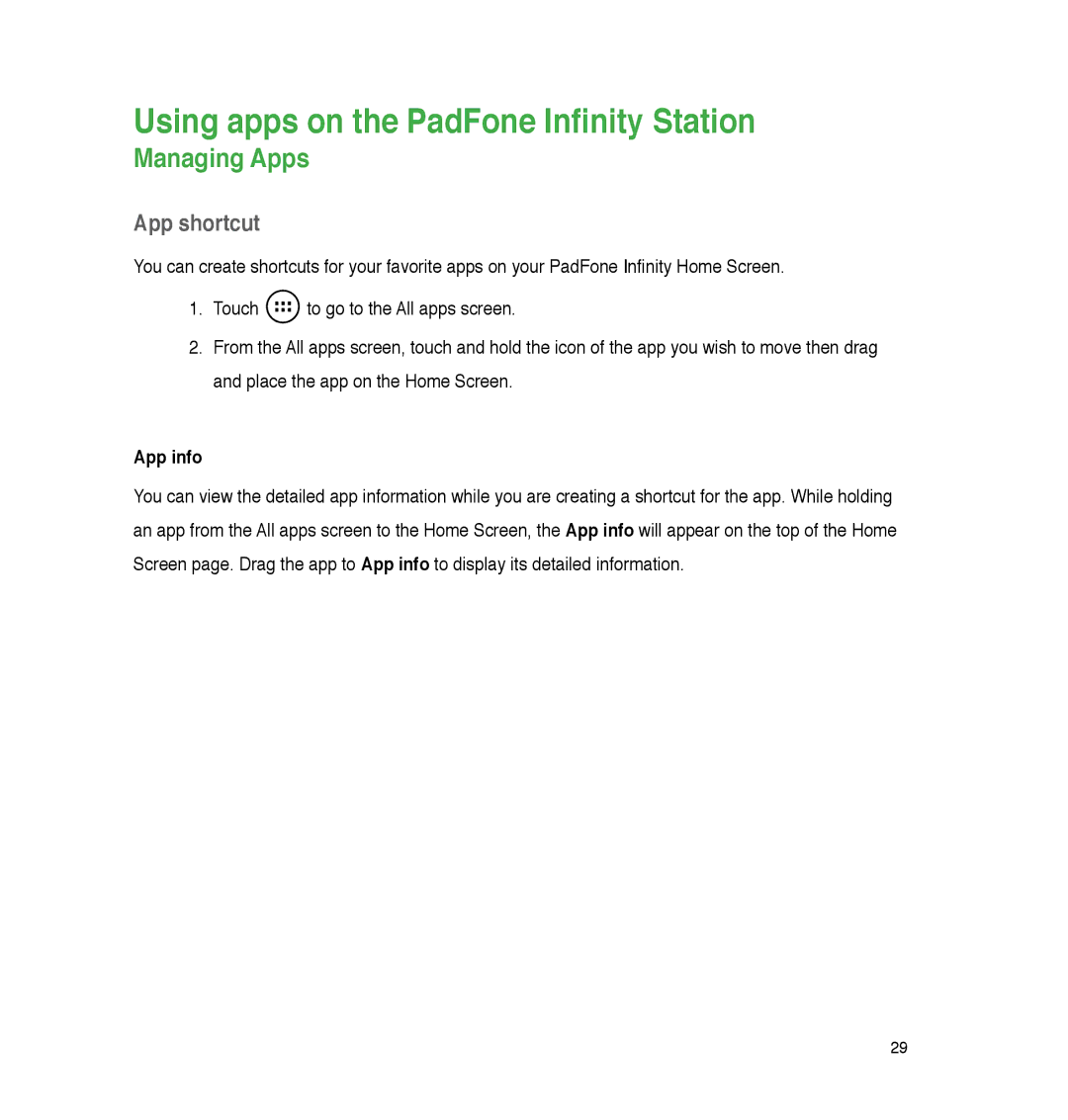 Asus P05, A86 user manual Using apps on the PadFone Infinity Station, Managing Apps, App shortcut, App info 