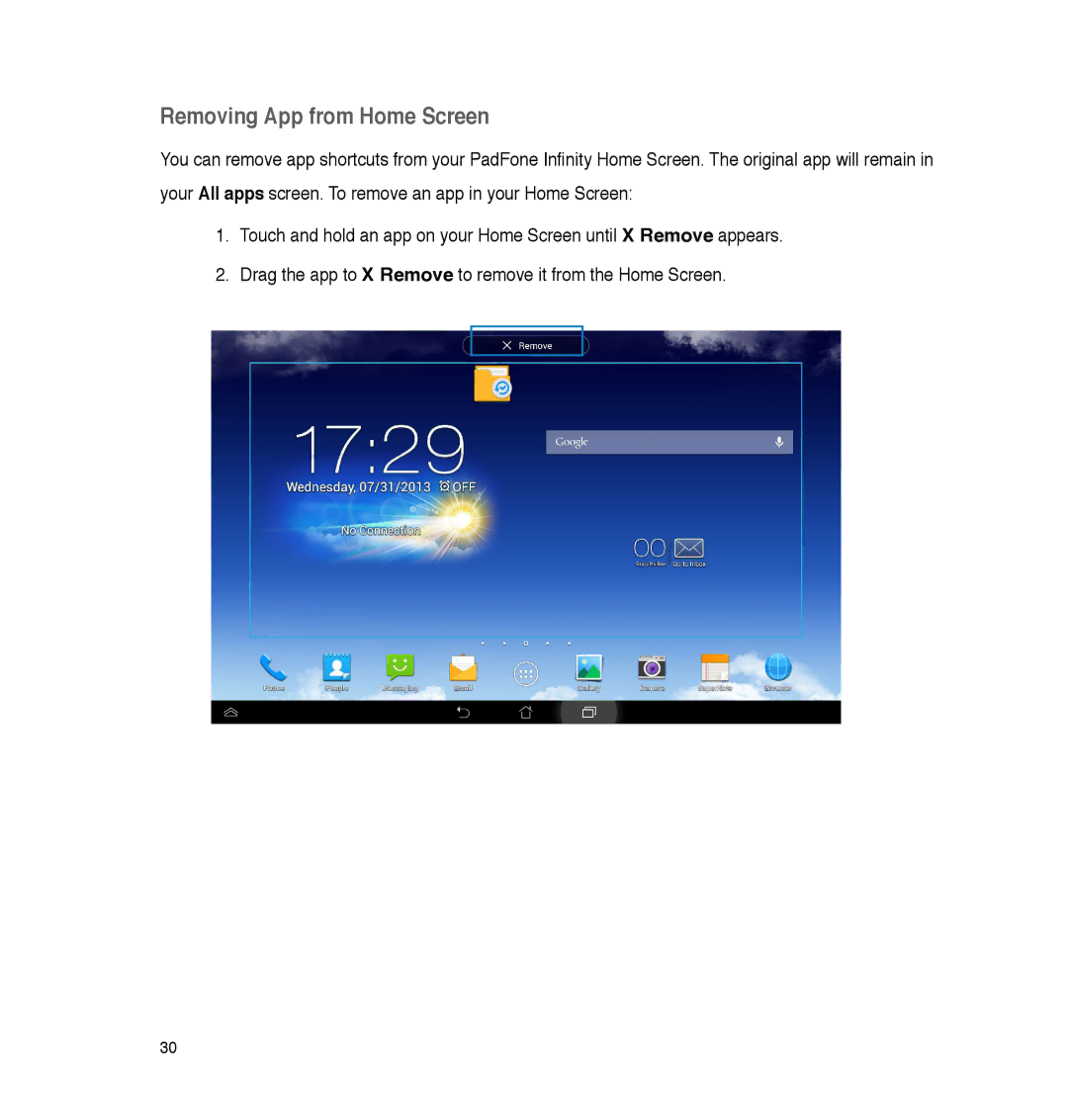 Asus A86, P05 user manual Removing App from Home Screen 