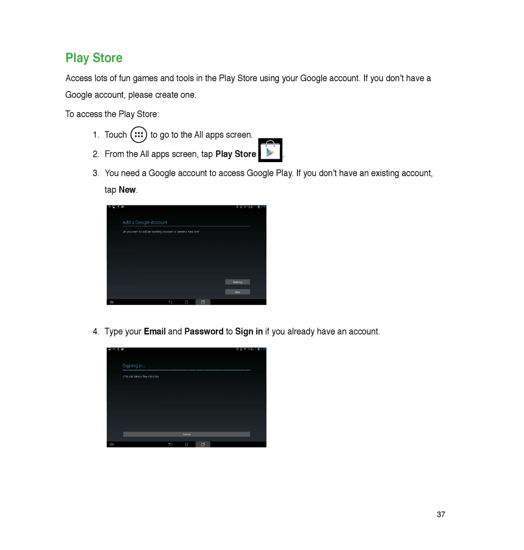 Asus P05, A86 user manual Play Store 