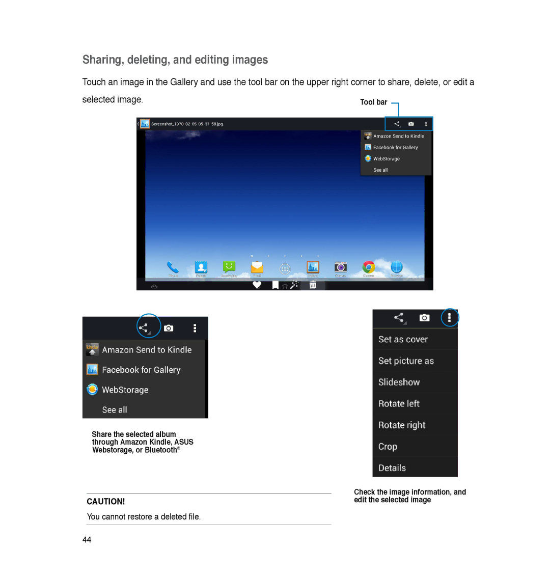 Asus A86, P05 user manual Sharing, deleting, and editing images, Selected image 
