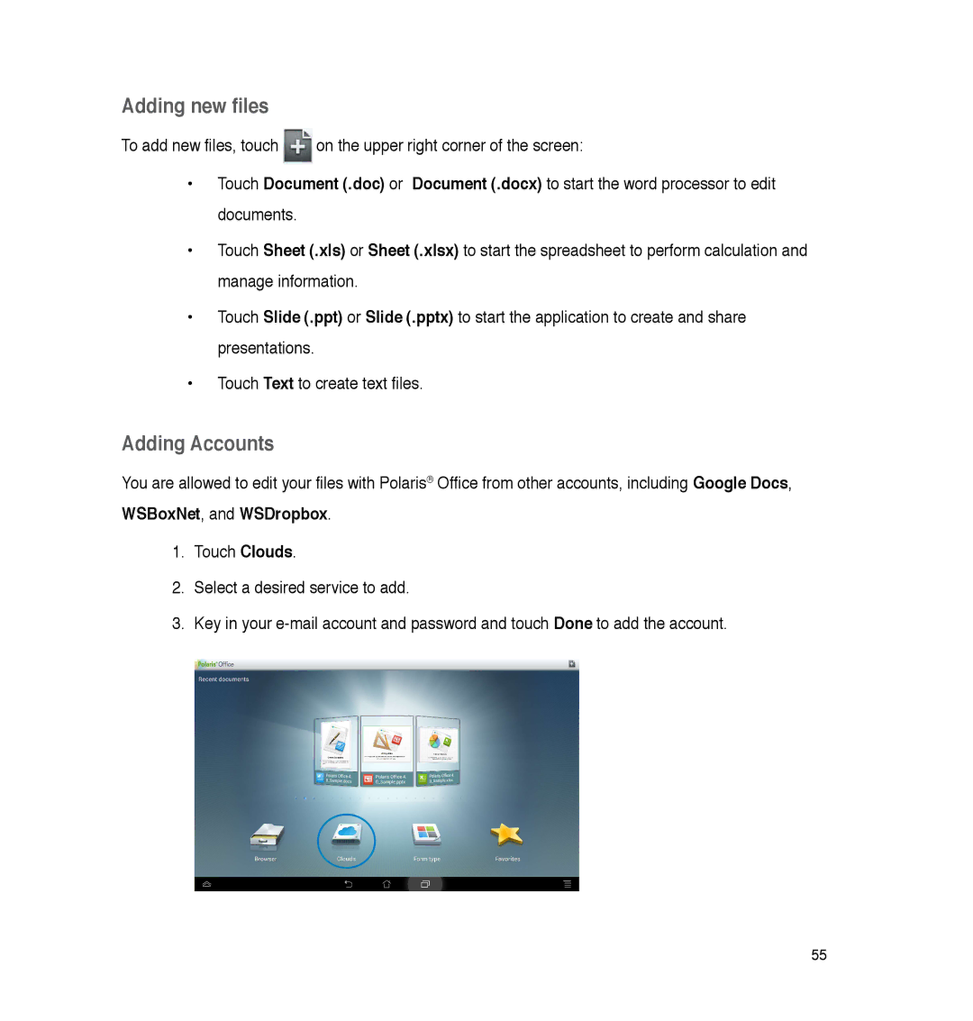 Asus P05, A86 user manual Adding new files, Adding Accounts 