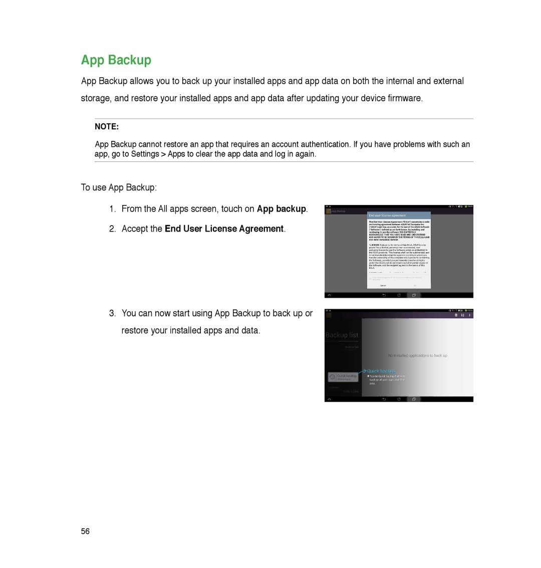 Asus A86, P05 user manual App Backup, Accept the End User License Agreement 