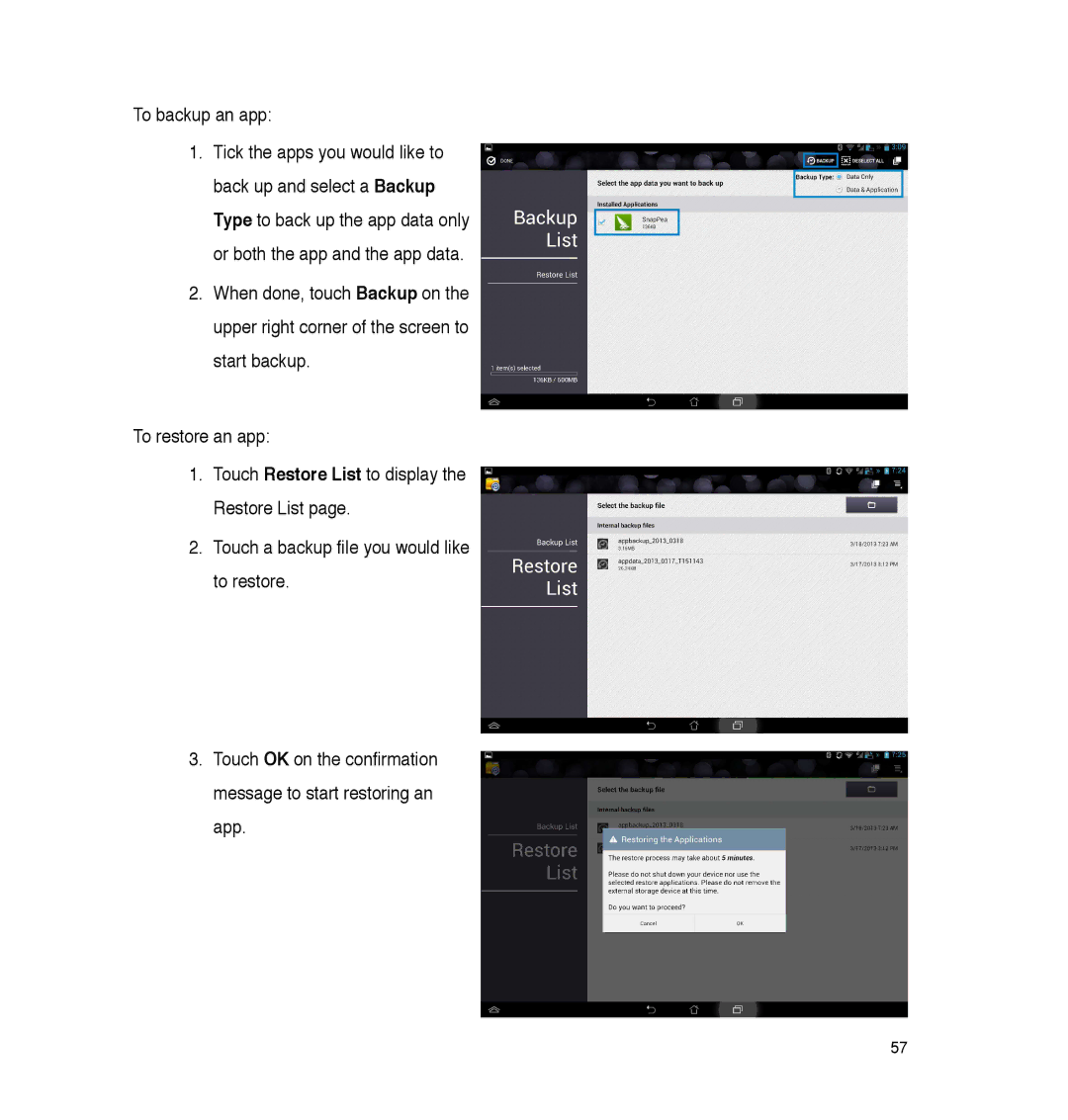 Asus P05, A86 user manual To backup an app 