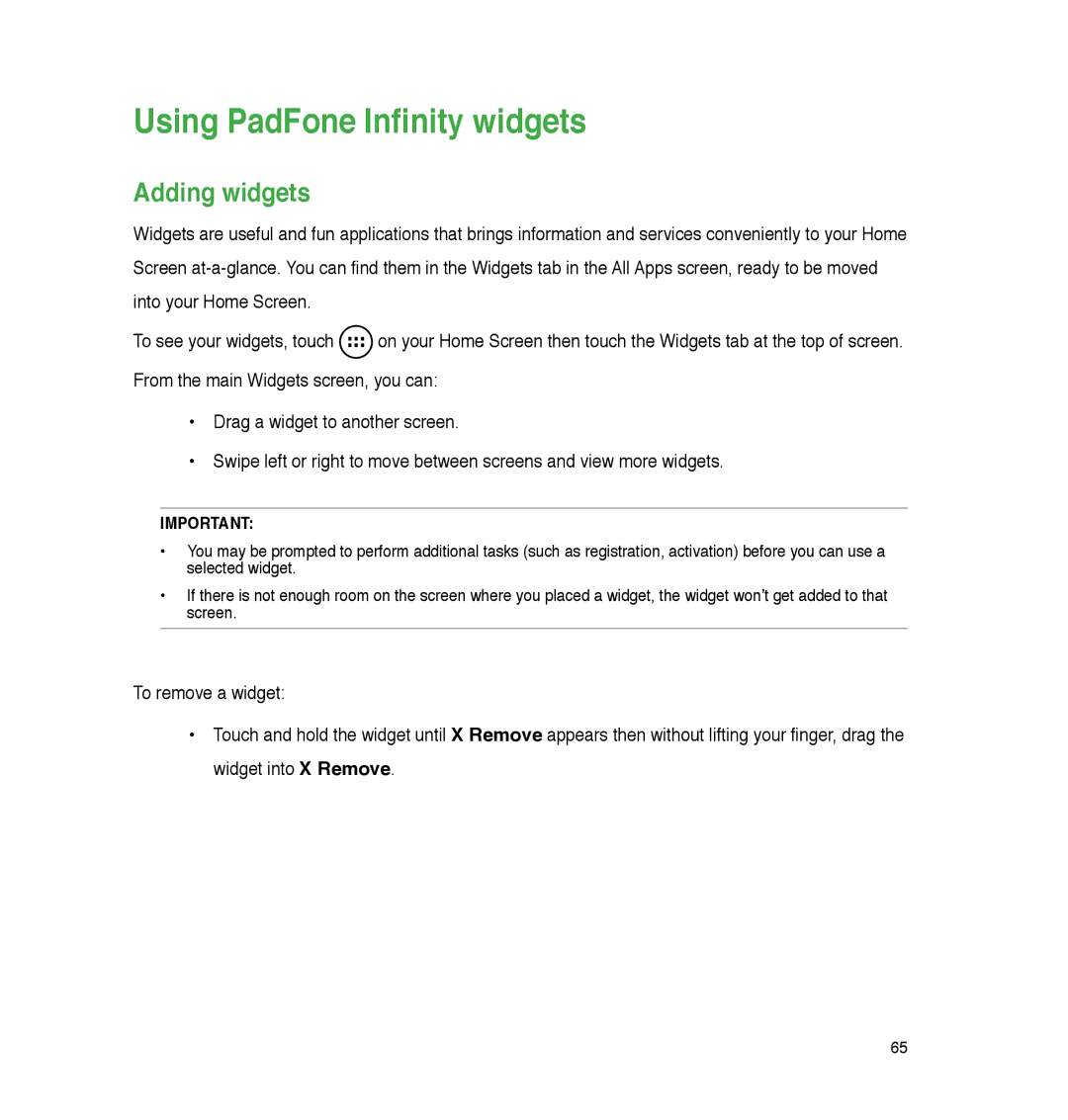 Asus P05, A86 user manual Using PadFone Infinity widgets, Adding widgets 