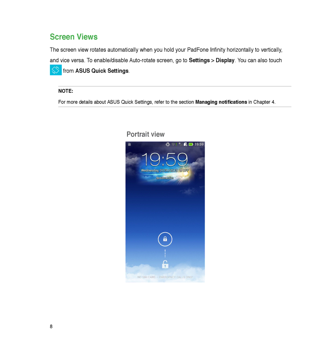 Asus A86, P05 user manual Screen Views, Portrait view 