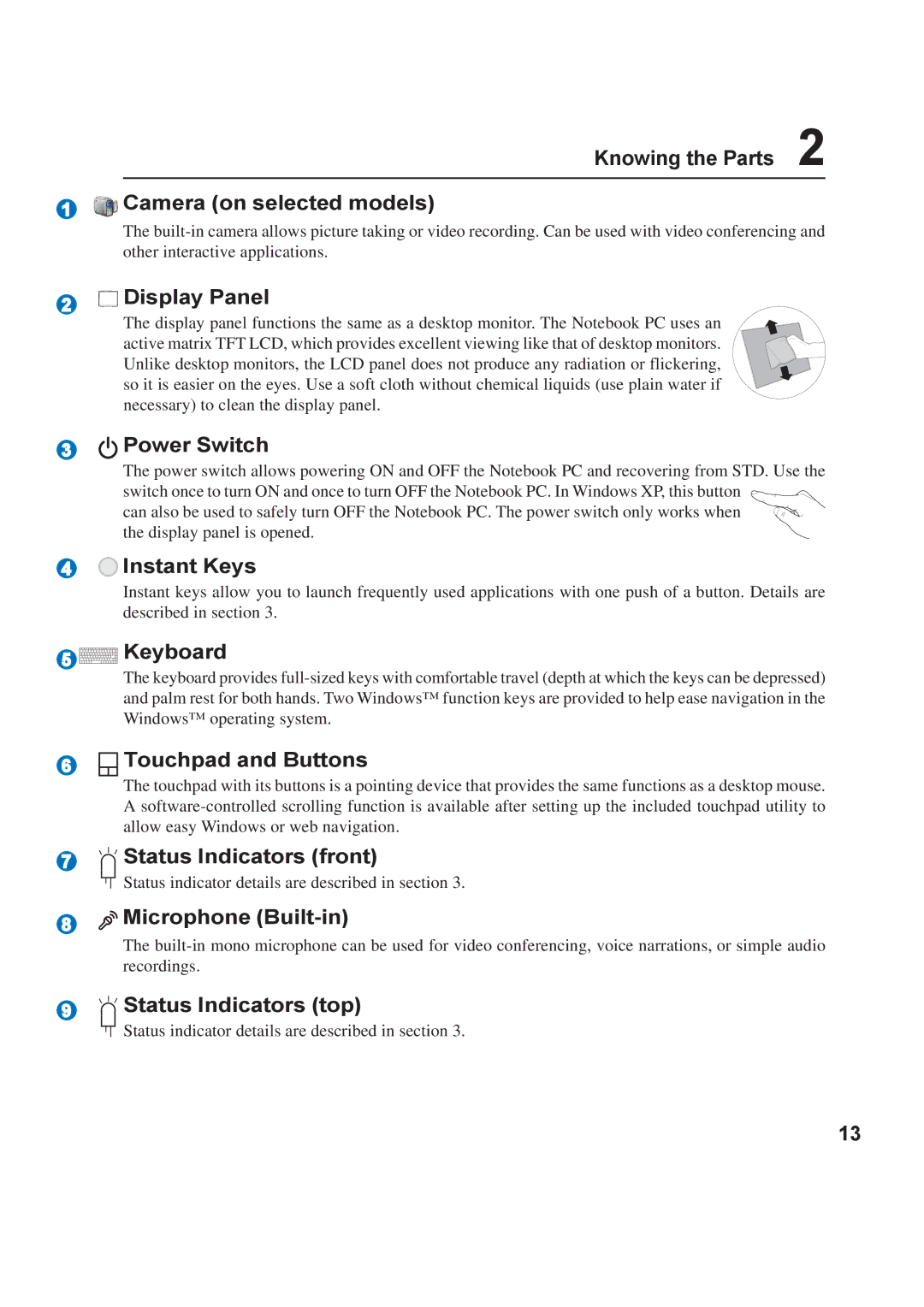 Asus A8F user manual Knowing the Parts Camera on selected models, Display Panel, Power Switch, Instant Keys, Keyboard 