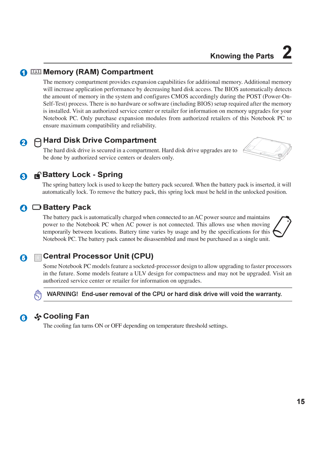 Asus A8F Knowing the Parts Memory RAM Compartment, Hard Disk Drive Compartment, Battery Lock Spring, Battery Pack 