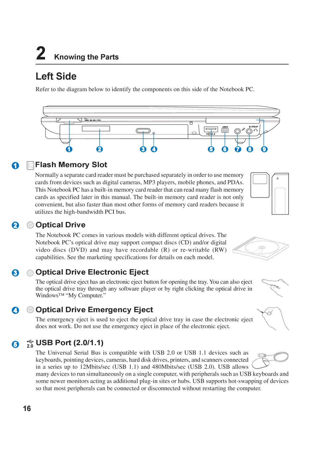 Asus A8F Left Side, Flash Memory Slot, Optical Drive Optical Drive Electronic Eject, Optical Drive Emergency Eject 