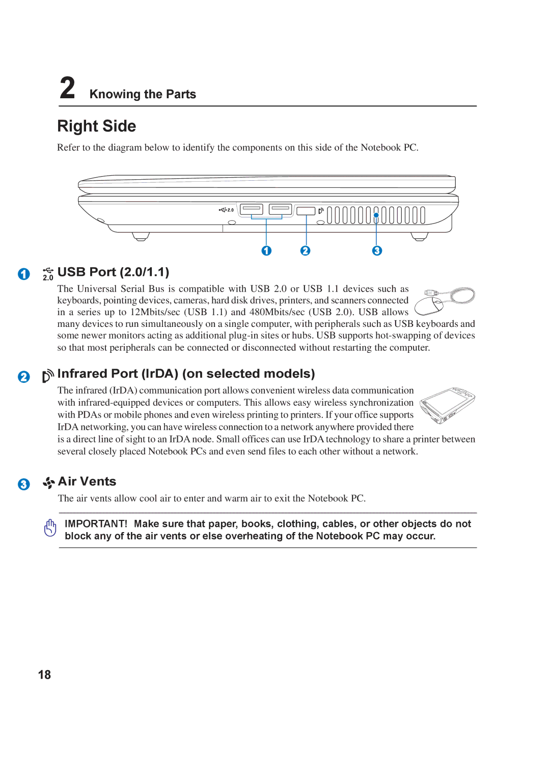 Asus A8F user manual Right Side, Infrared Port IrDA on selected models, Air Vents 