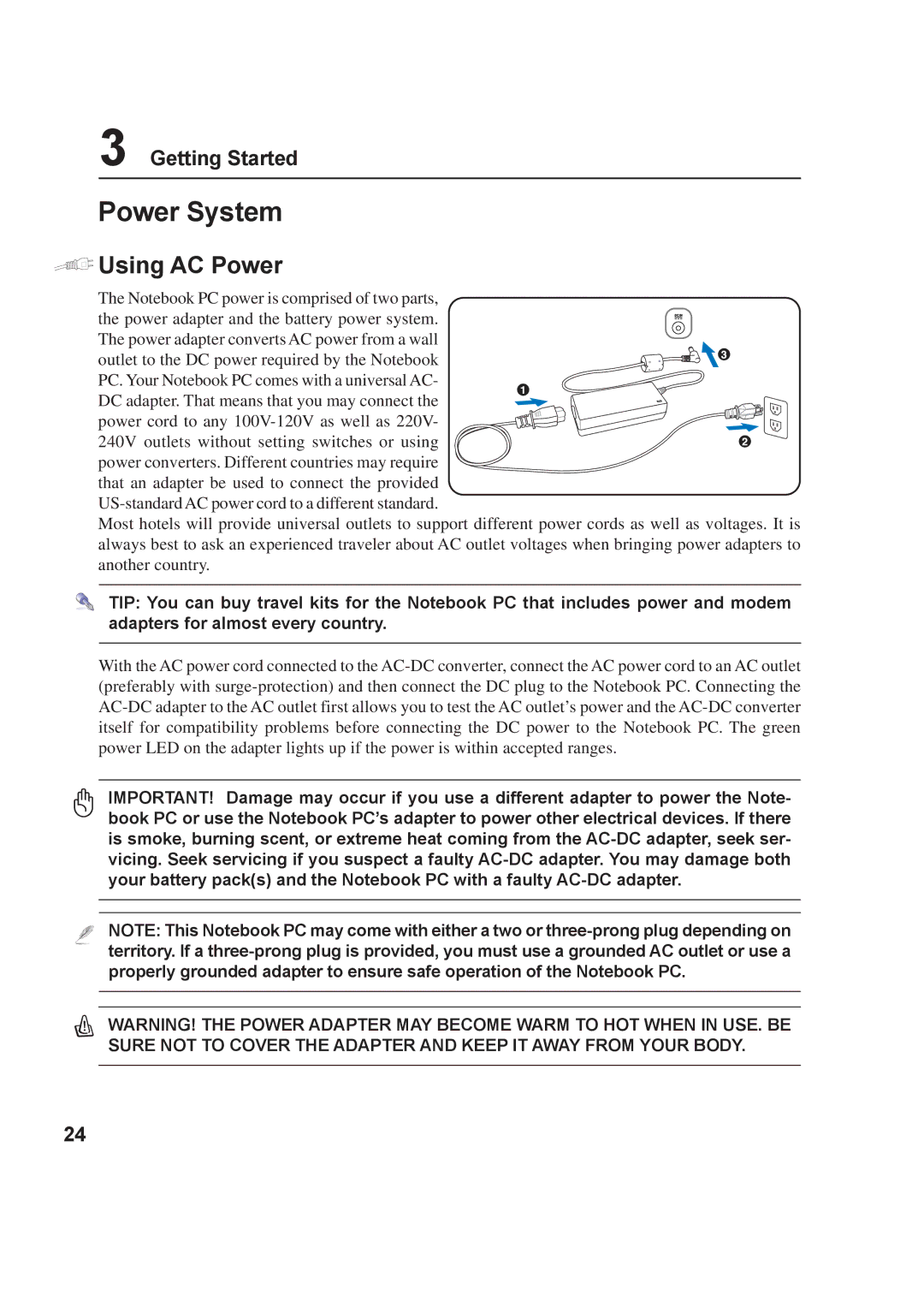 Asus A8F user manual Power System, Using AC Power, Getting Started 