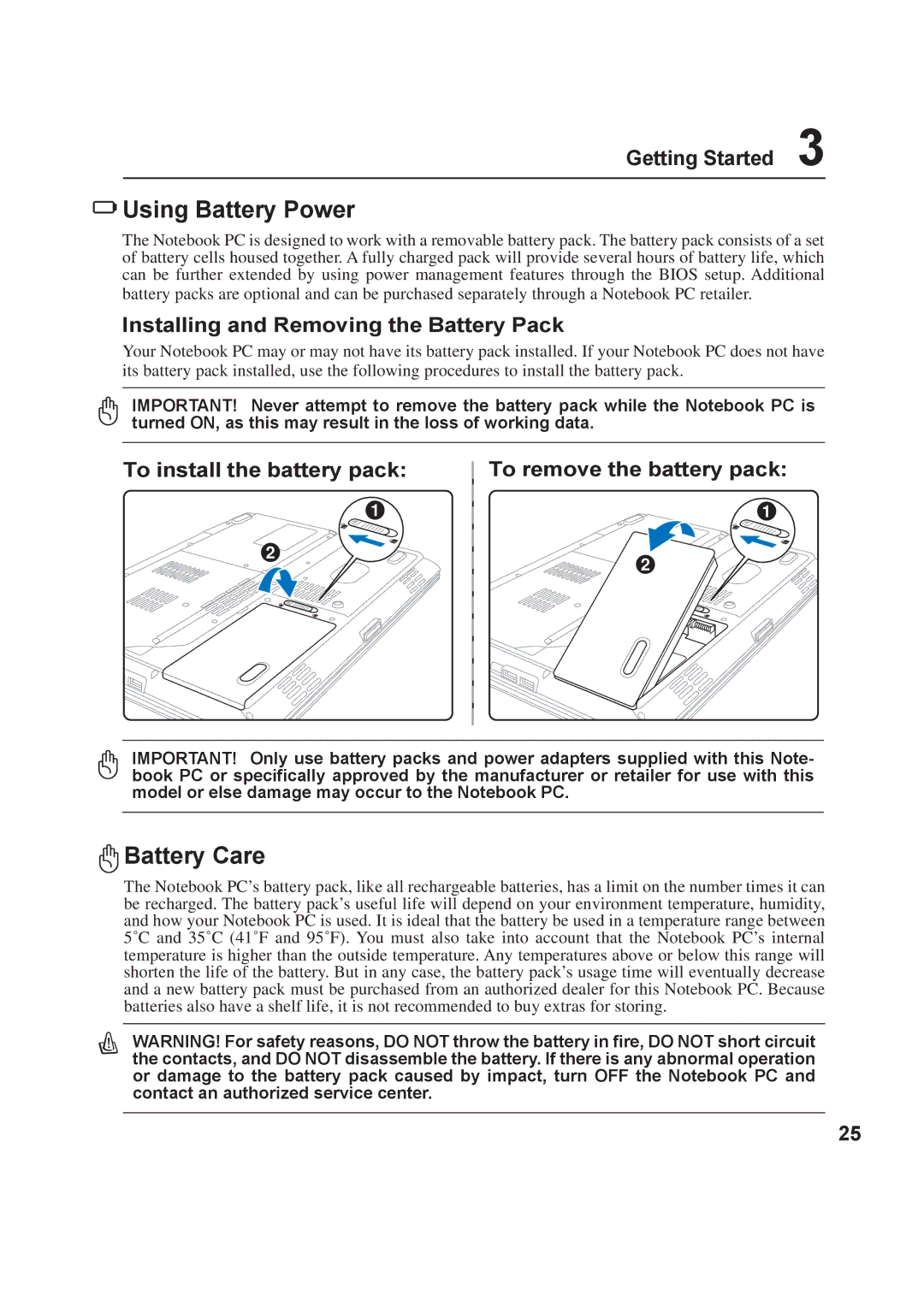 Asus A8F user manual Using Battery Power, Battery Care, Installing and Removing the Battery Pack 