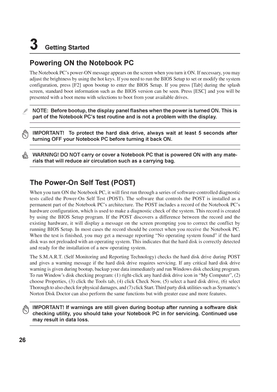 Asus A8F user manual Powering on the Notebook PC, Power-On Self Test Post 