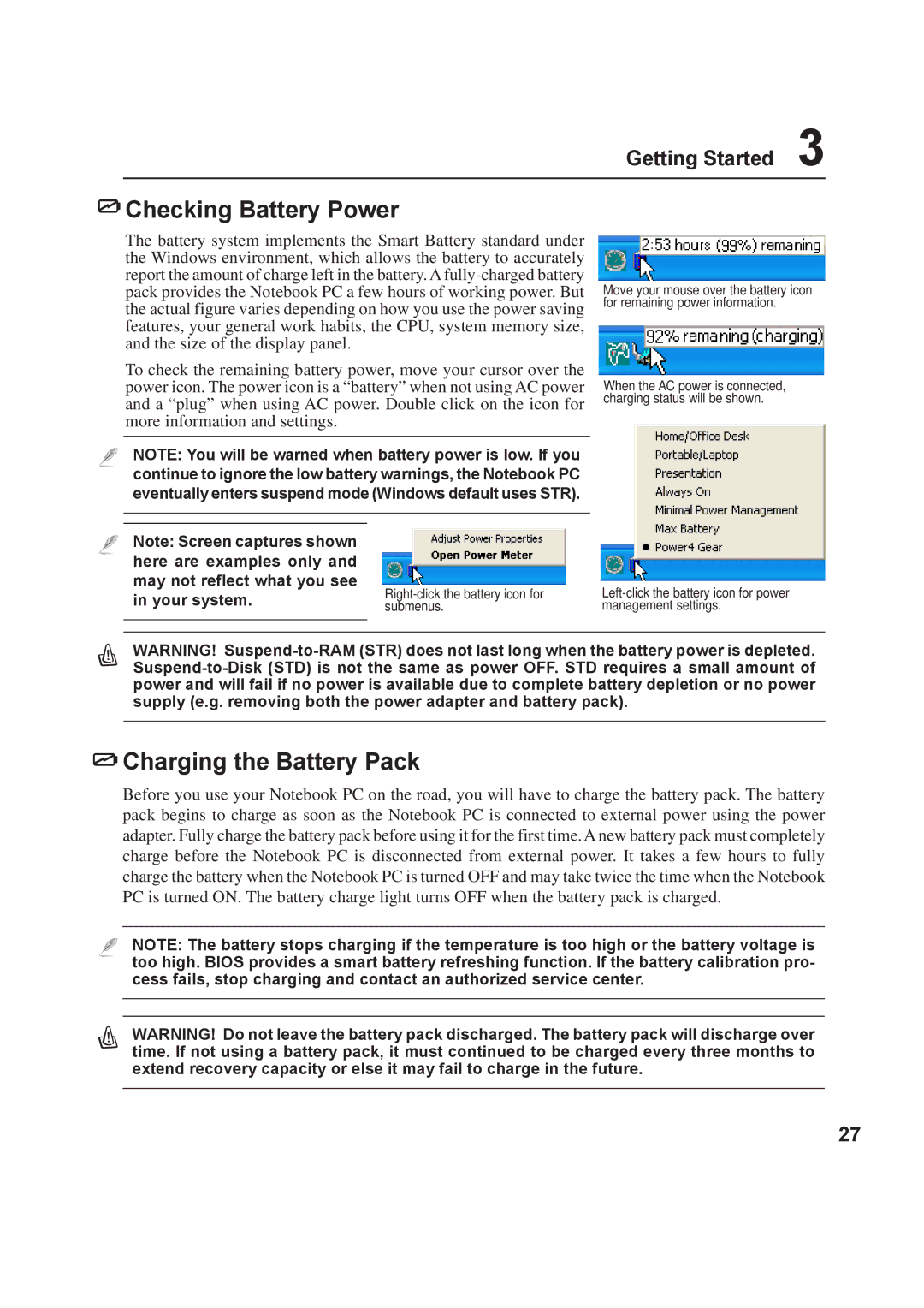 Asus A8F user manual Checking Battery Power, Charging the Battery Pack 