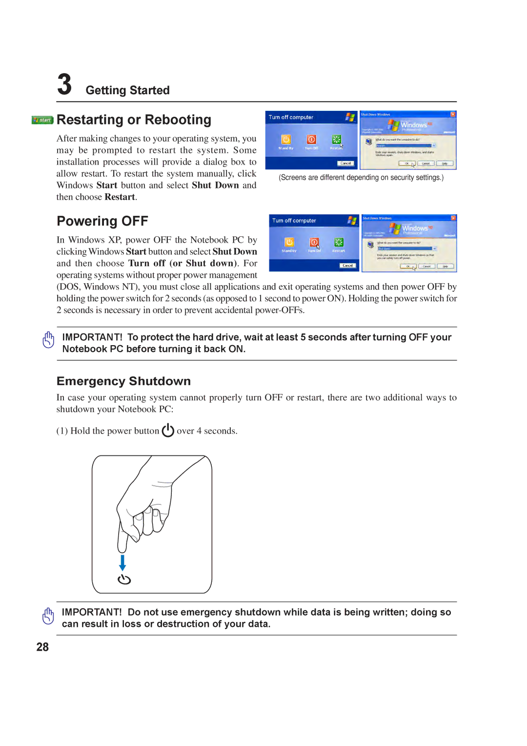 Asus A8F user manual Restarting or Rebooting, Powering OFF, Emergency Shutdown 