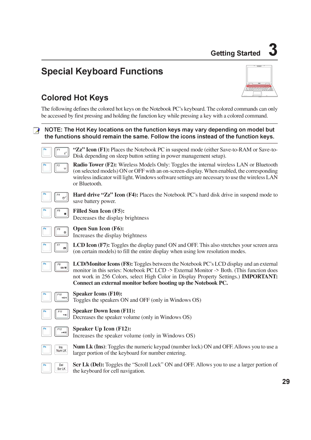 Asus A8F user manual Special Keyboard Functions, Colored Hot Keys 