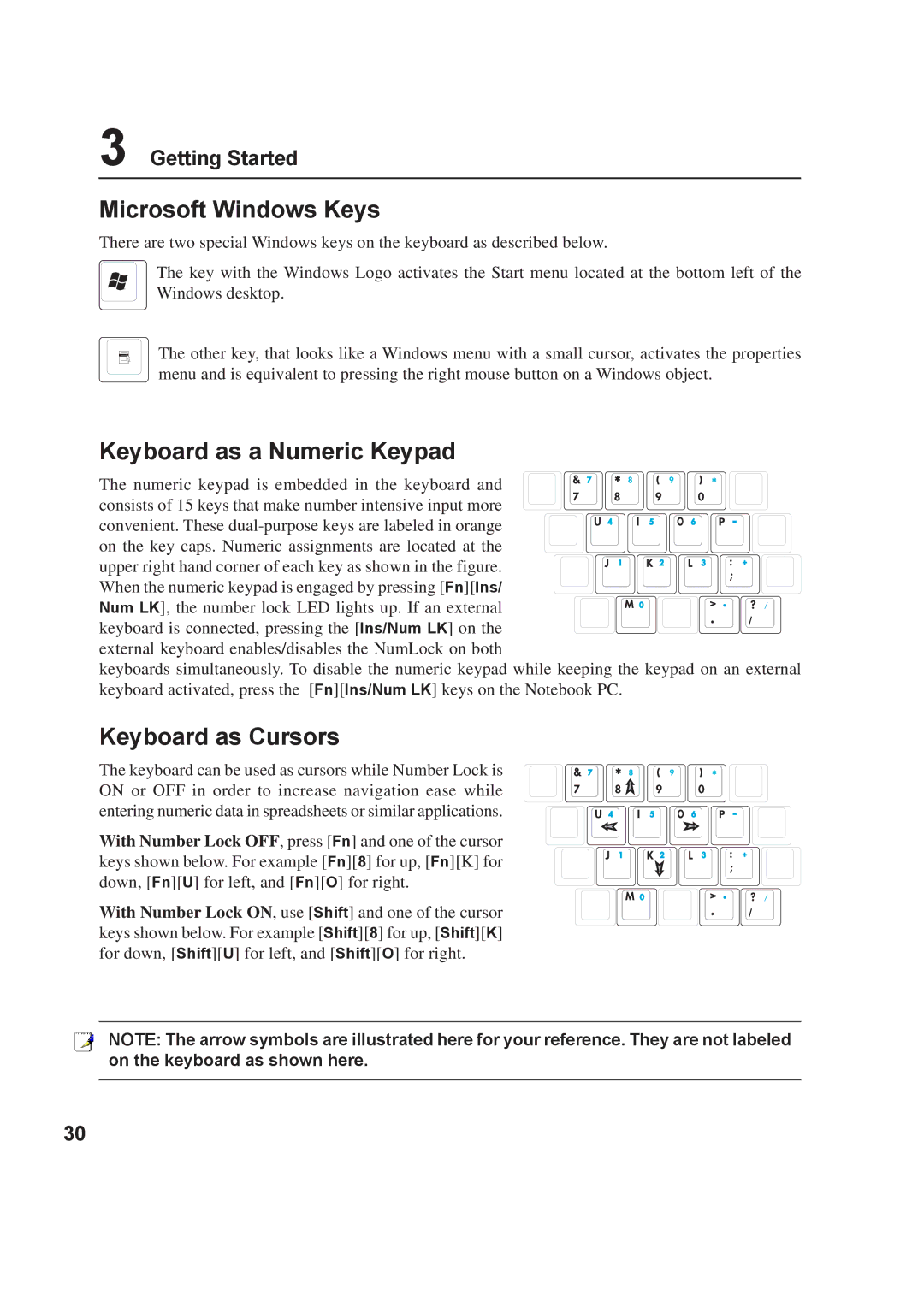 Asus A8F user manual Microsoft Windows Keys, Keyboard as a Numeric Keypad, Keyboard as Cursors 