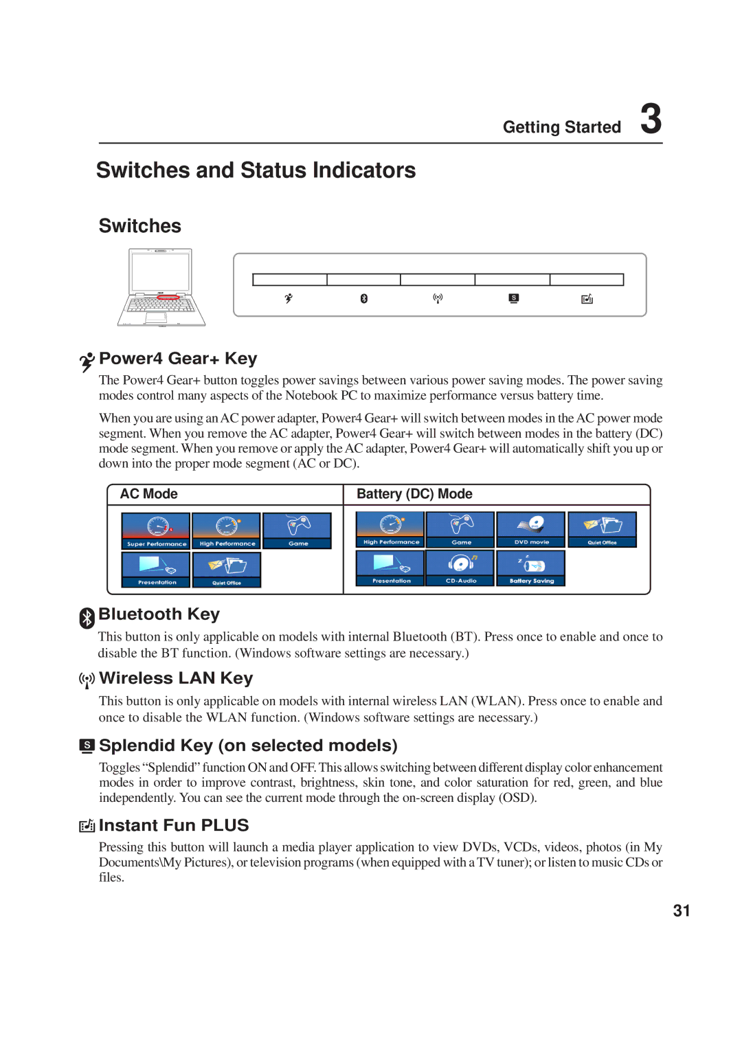 Asus A8F user manual Switches and Status Indicators 