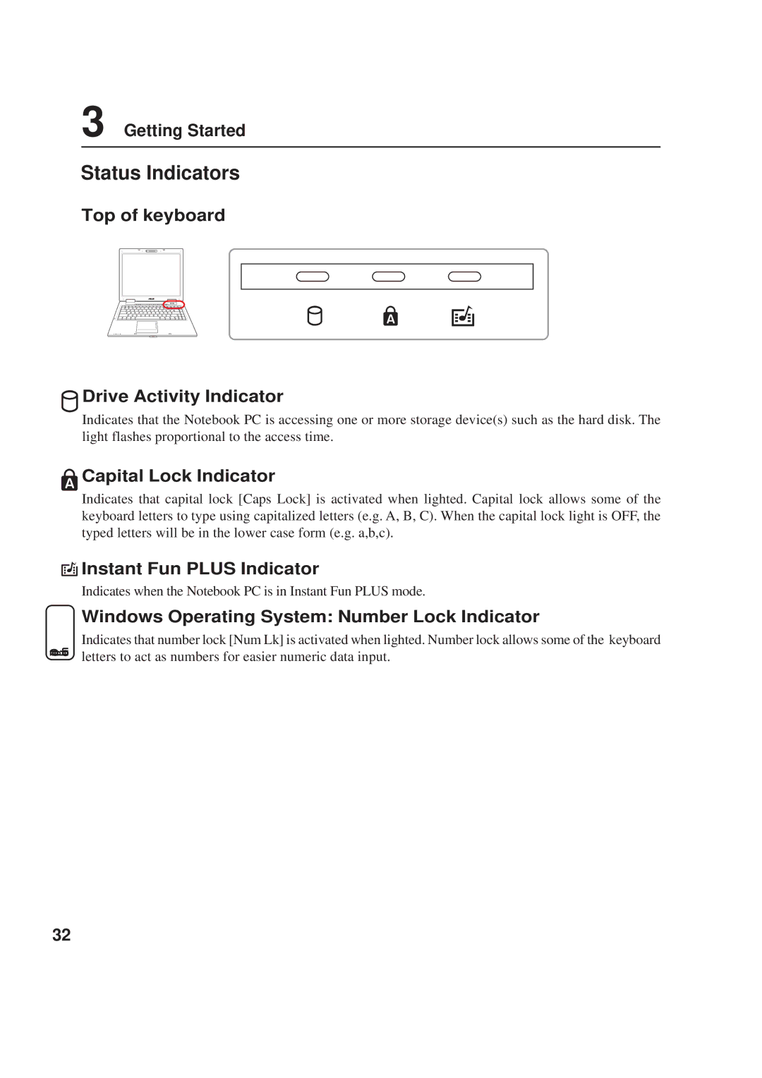 Asus A8F user manual Status Indicators 