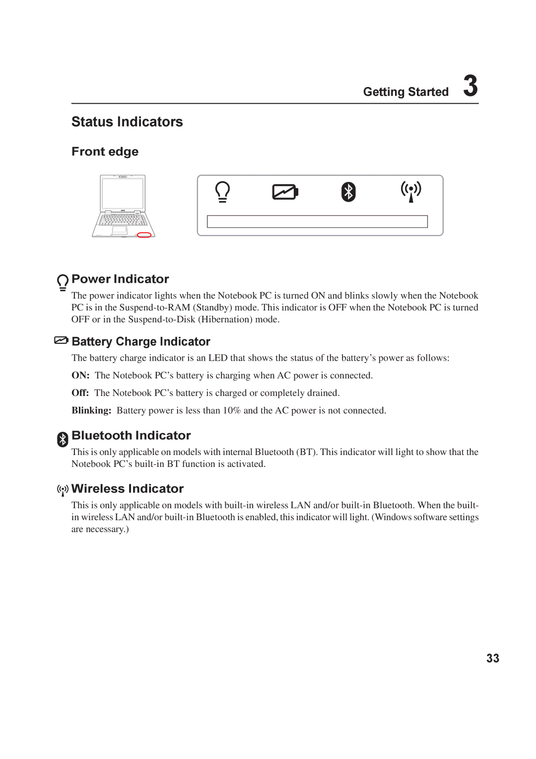 Asus A8F Status Indicators, Front edge Power Indicator, Battery Charge Indicator, Bluetooth Indicator, Wireless Indicator 