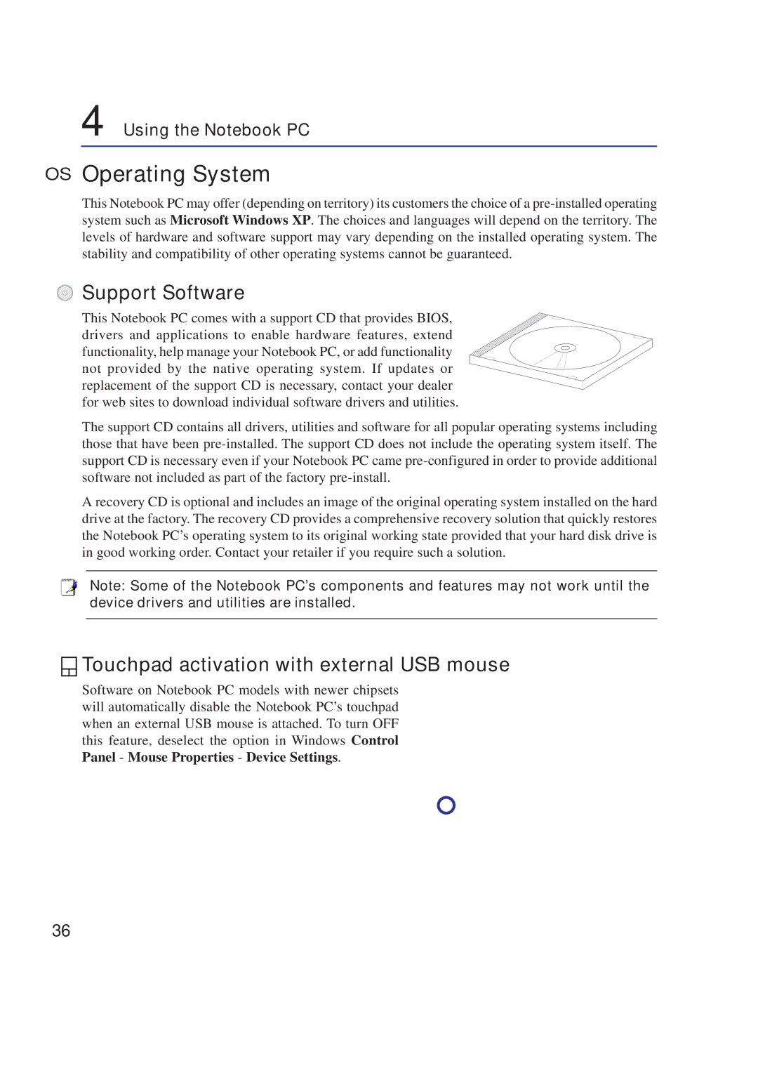 Asus A8F OS Operating System, Support Software, Touchpad activation with external USB mouse, Using the Notebook PC 