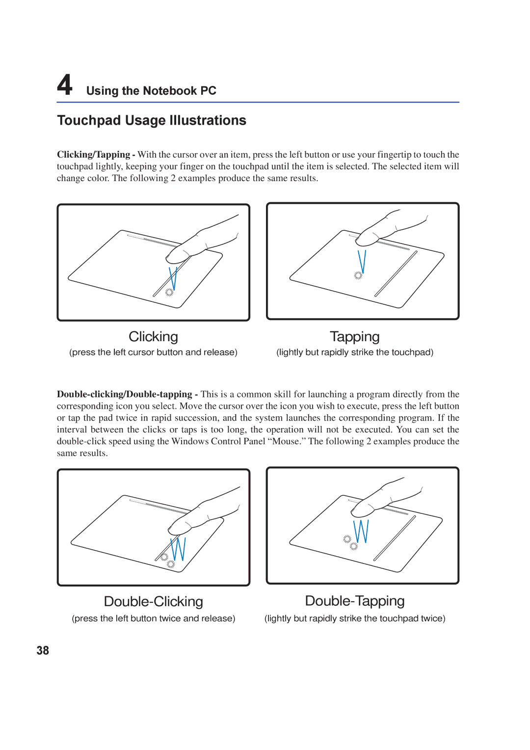 Asus A8F user manual Touchpad Usage Illustrations, ClickingTapping 