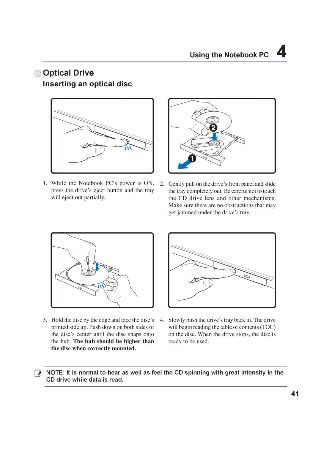 Asus A8F user manual Optical Drive, Inserting an optical disc 