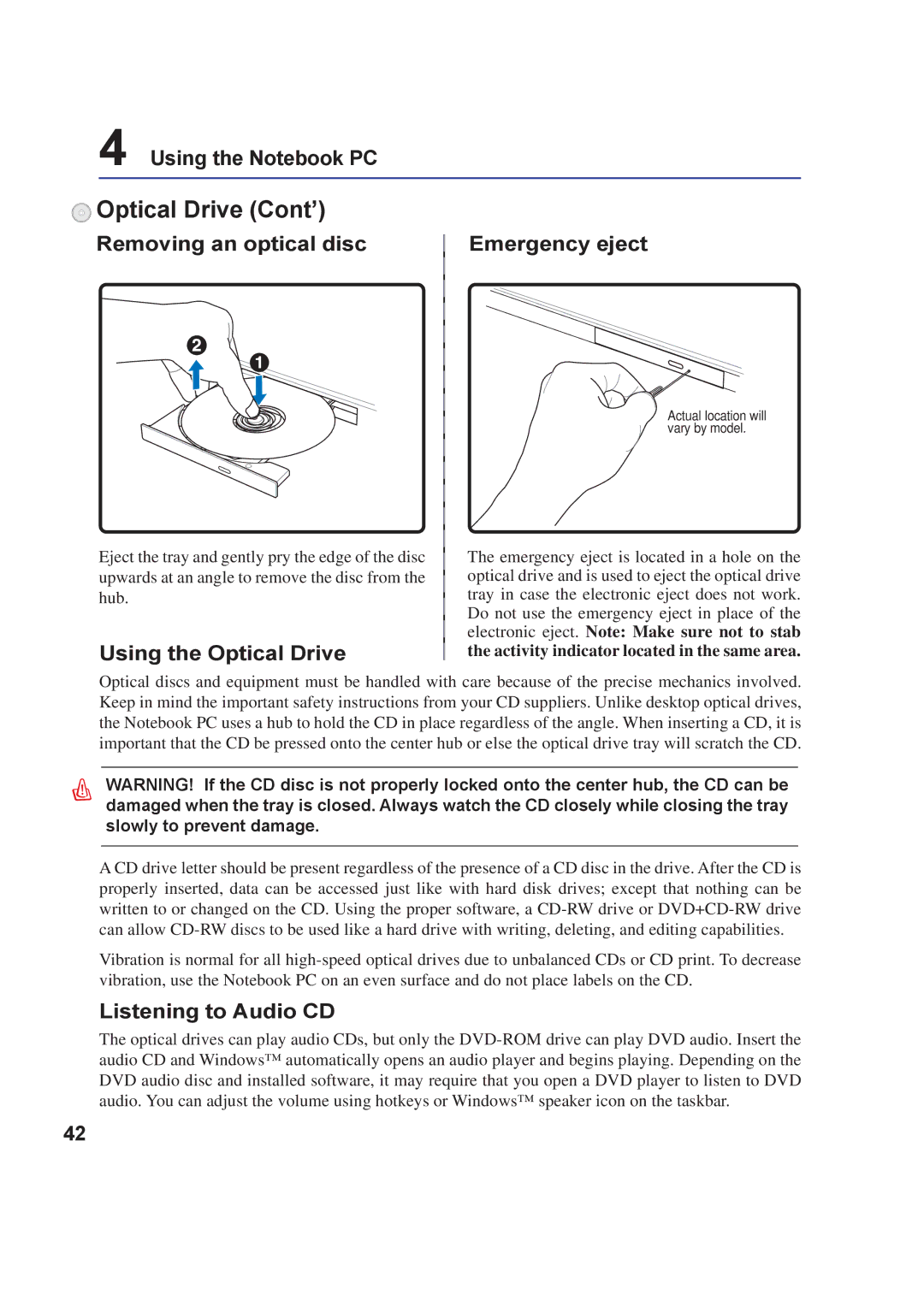 Asus A8F Optical Drive Cont’, Removing an optical disc, Using the Optical Drive Emergency eject, Listening to Audio CD 