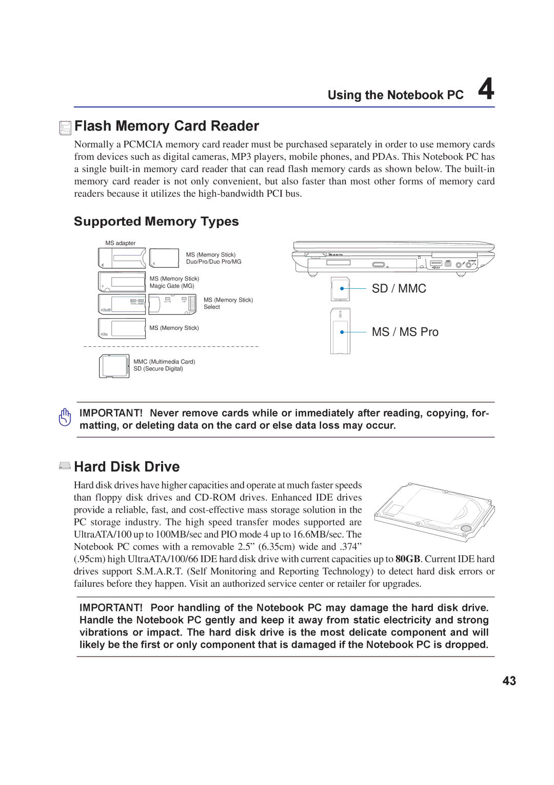 Asus A8F user manual Flash Memory Card Reader, Hard Disk Drive, Supported Memory Types 