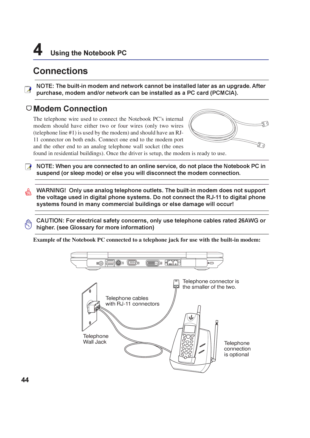 Asus A8F user manual Connections, Modem Connection 