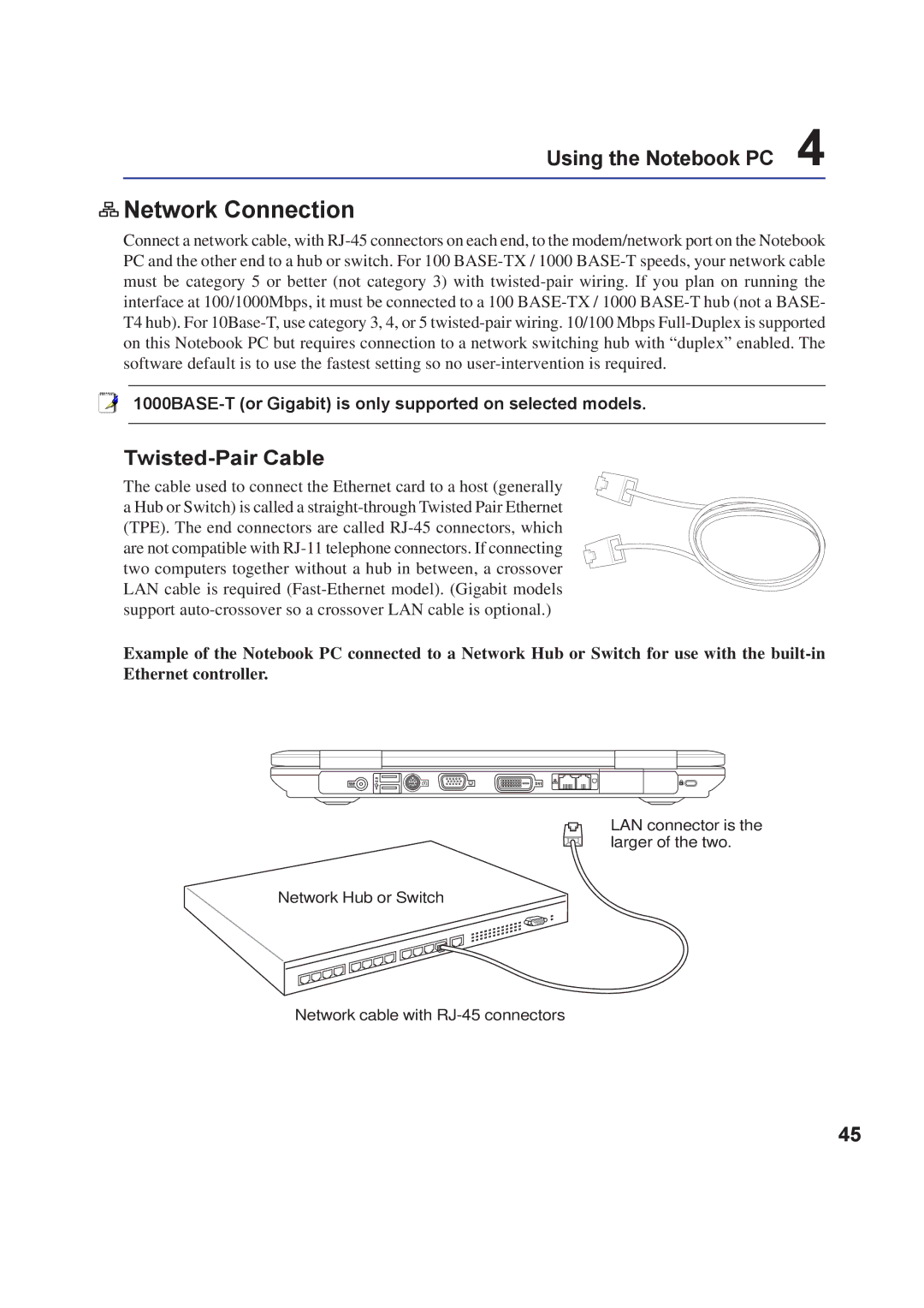 Asus A8F user manual Network Connection, Twisted-Pair Cable 