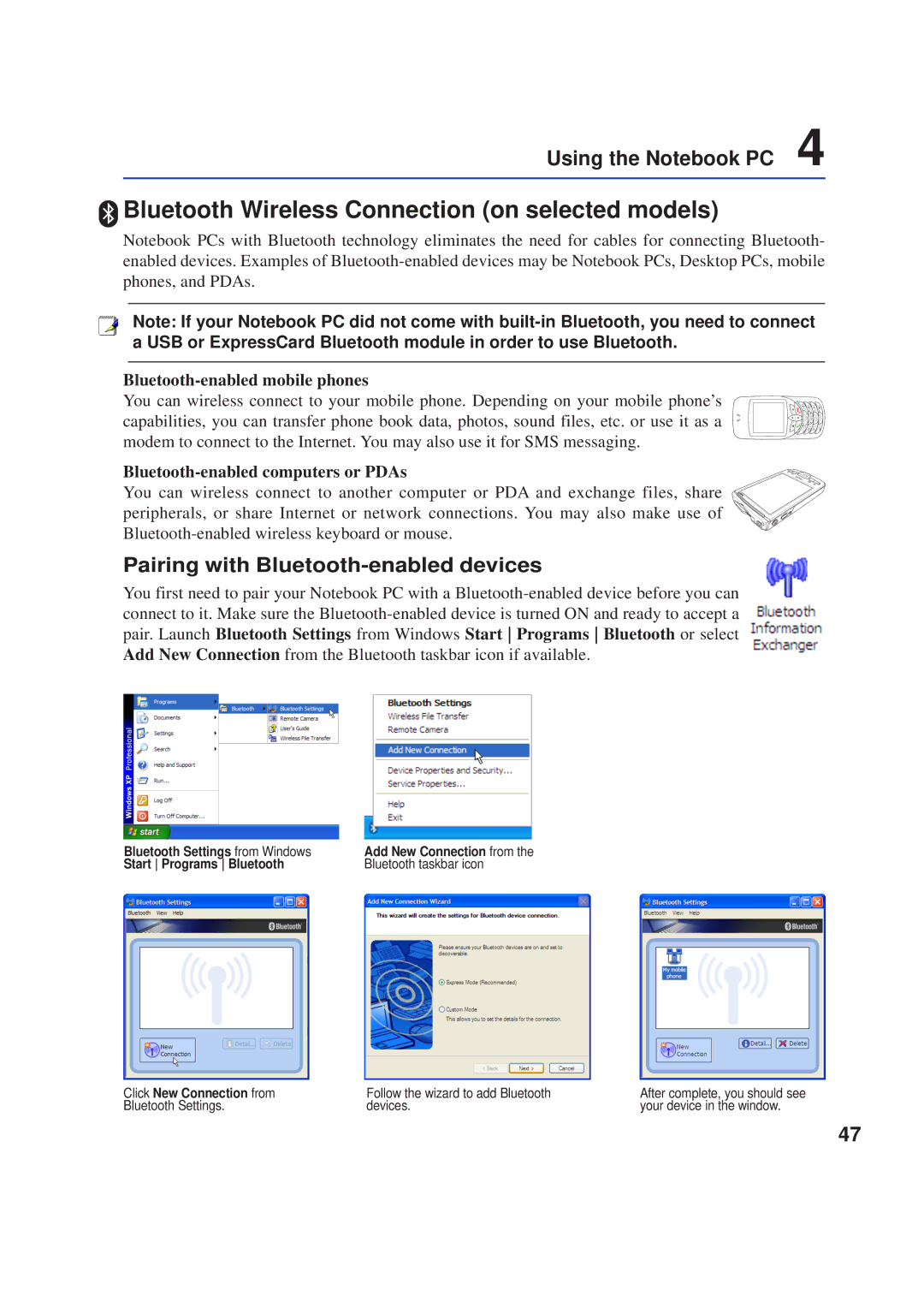 Asus A8F user manual Bluetooth Wireless Connection on selected models 