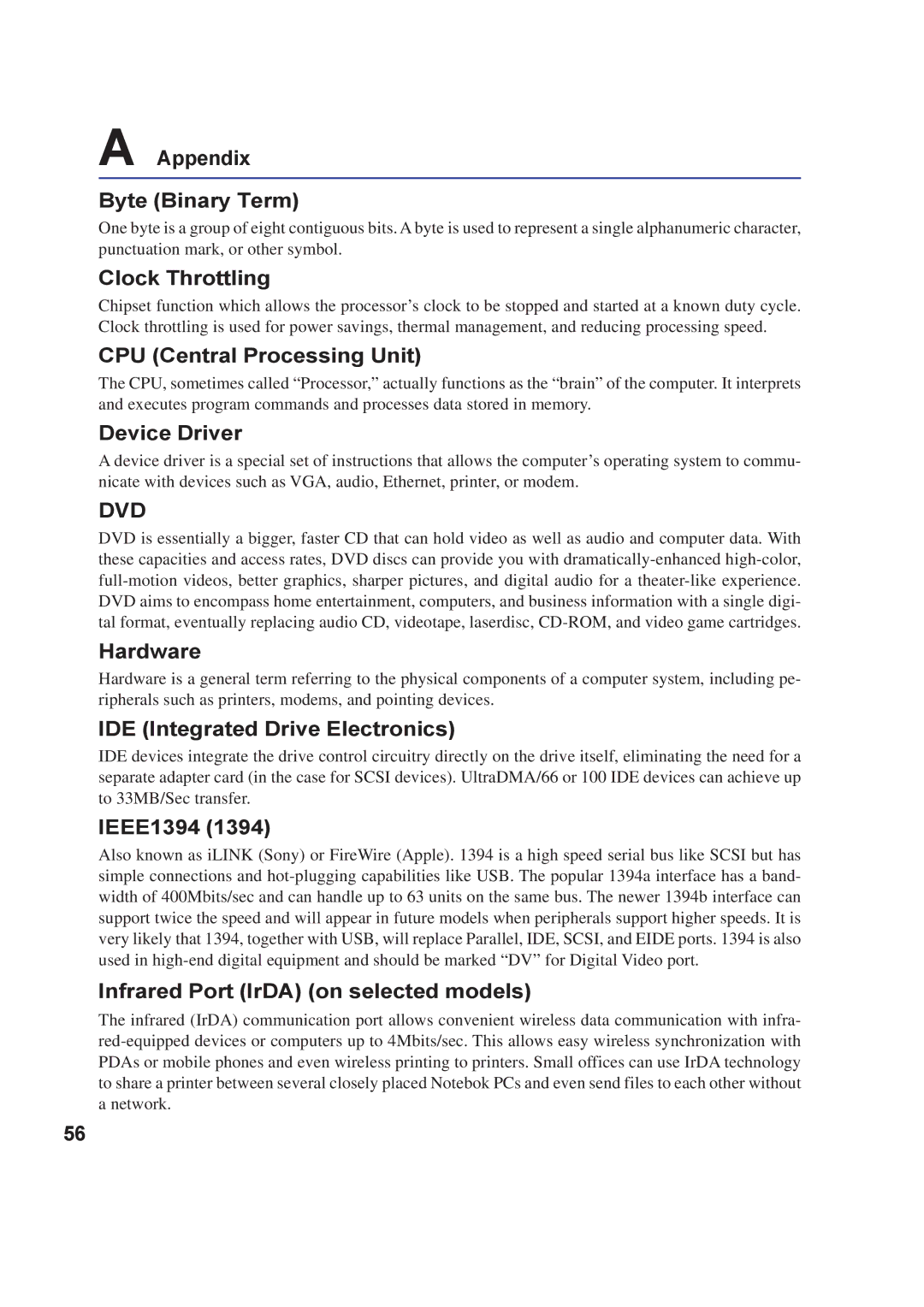 Asus A8F Appendix Byte Binary Term, Clock Throttling, CPU Central Processing Unit, Device Driver, Hardware, IEEE1394 