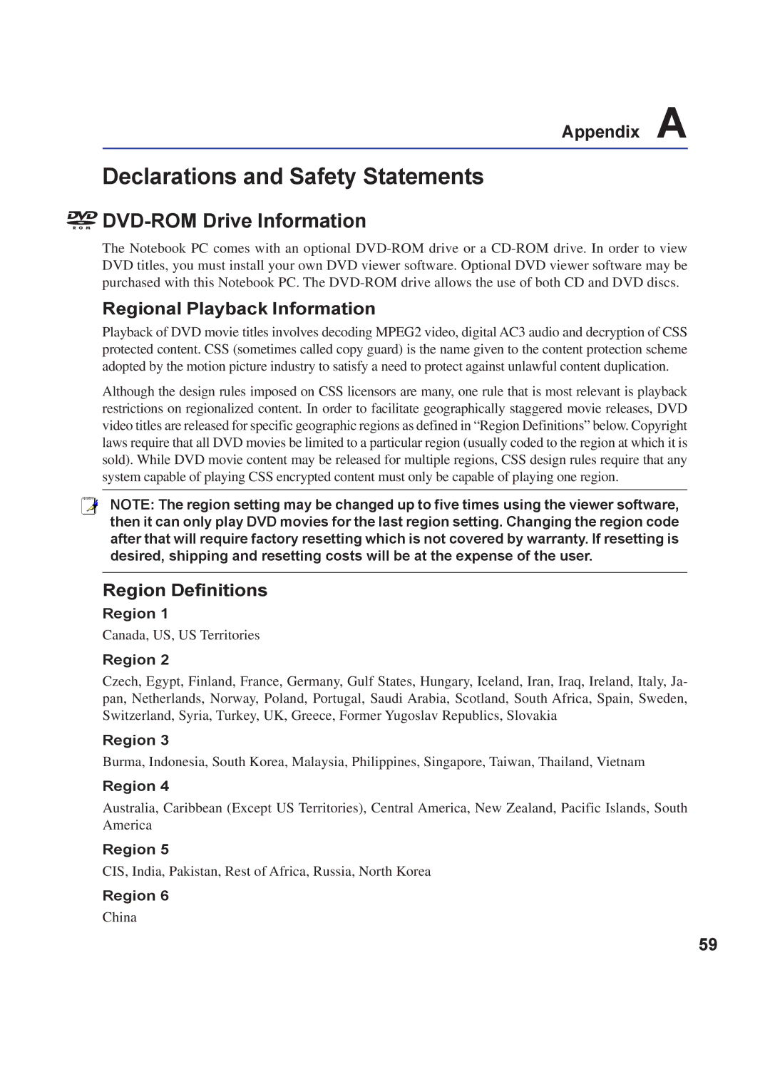 Asus A8F Declarations and Safety Statements, DVD-ROM Drive Information, Regional Playback Information, Region Definitions 