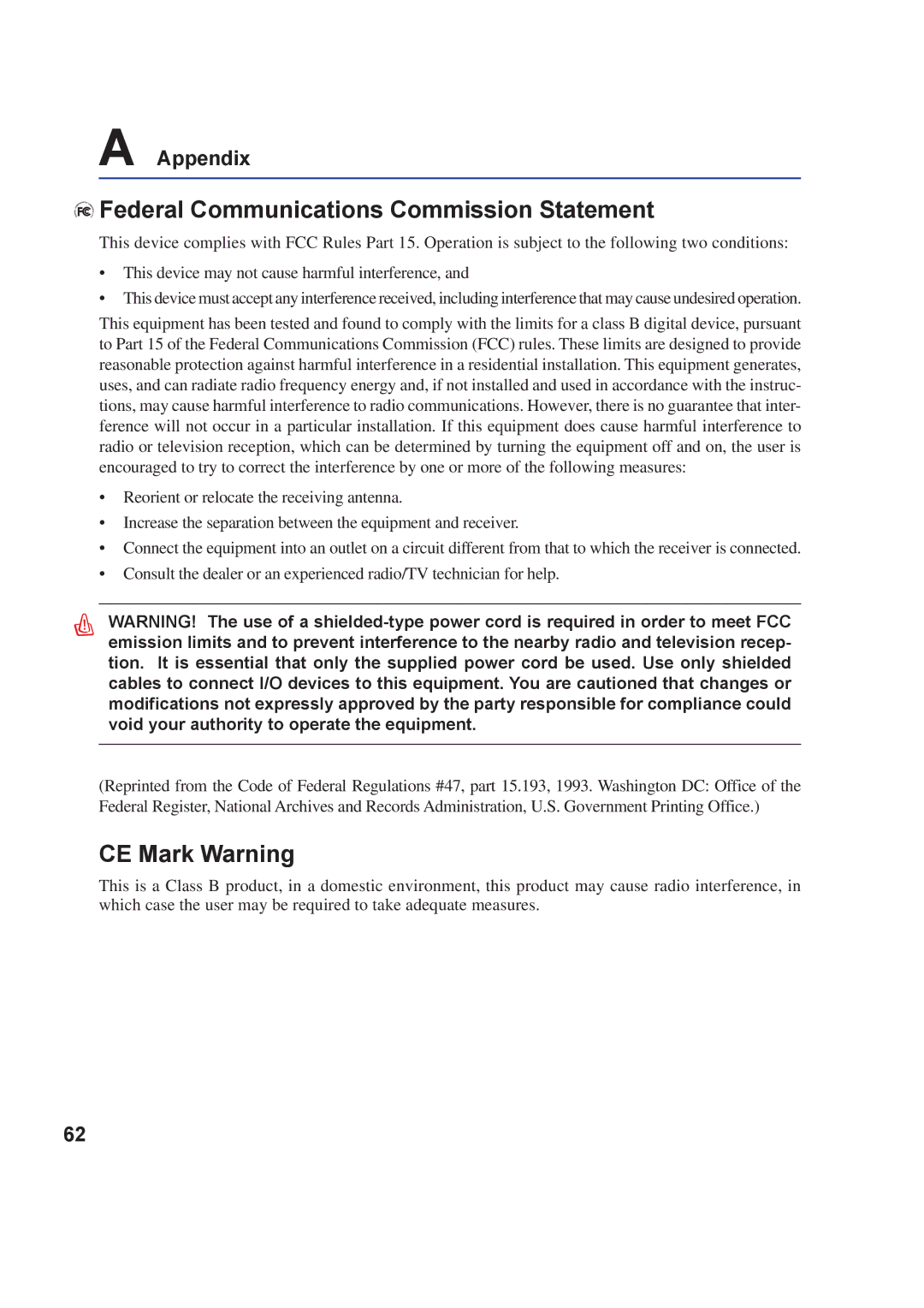 Asus A8F user manual Federal Communications Commission Statement, CE Mark Warning 