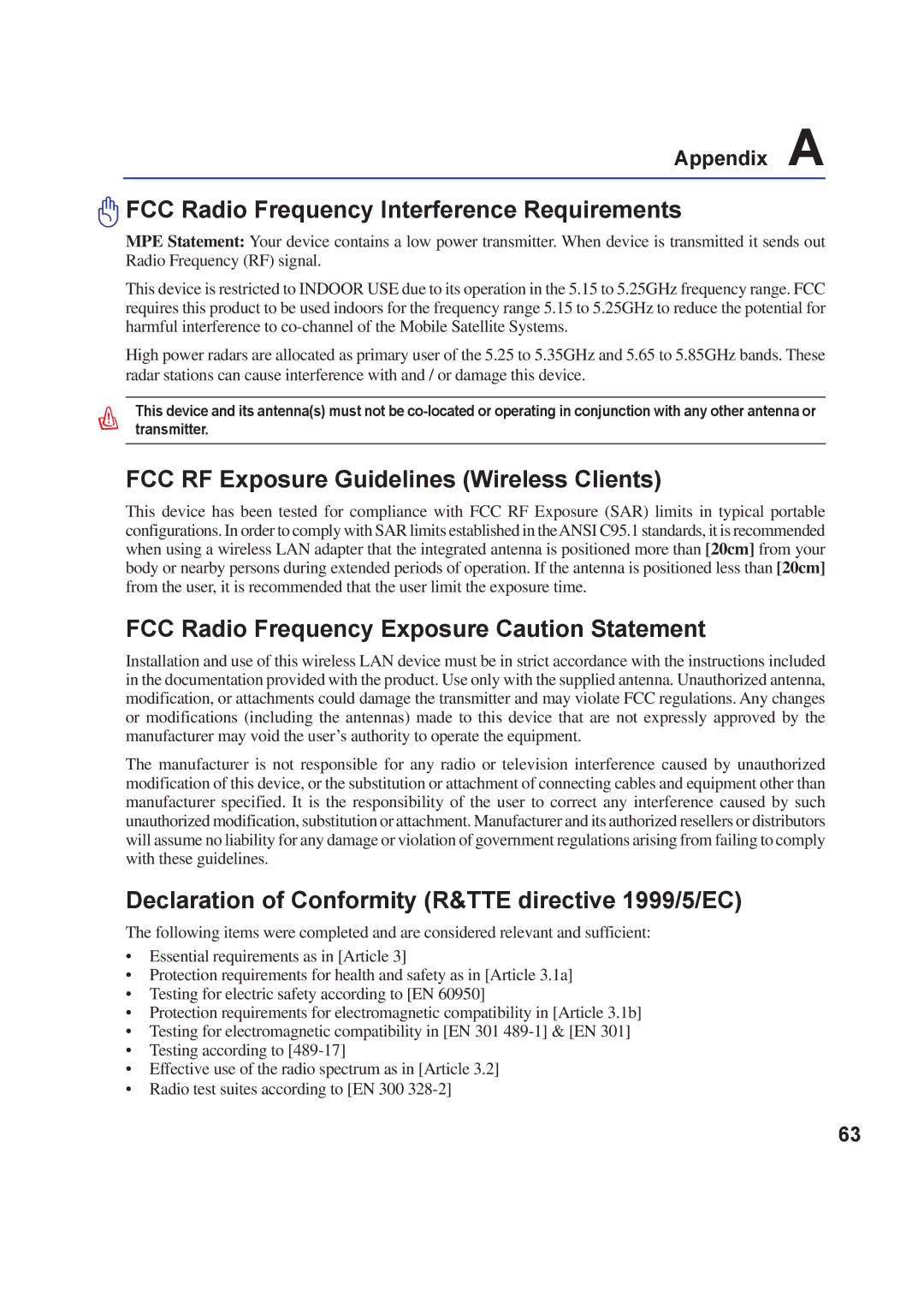 Asus A8F user manual FCC Radio Frequency Interference Requirements, FCC RF Exposure Guidelines Wireless Clients 