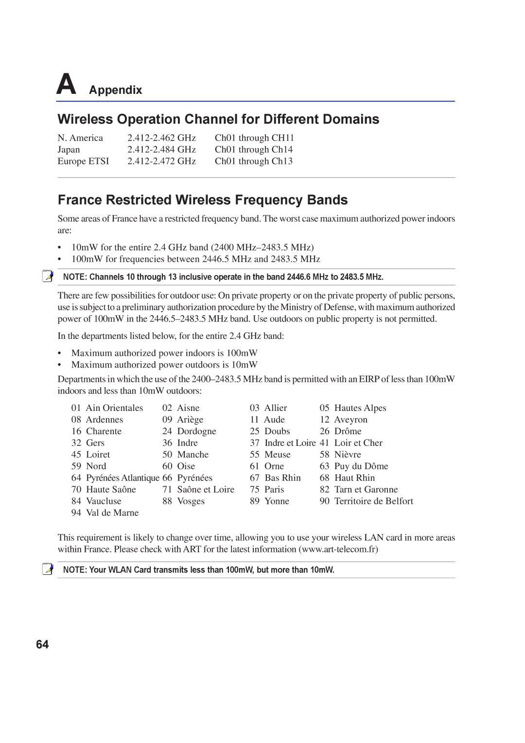 Asus A8F user manual Wireless Operation Channel for Different Domains, France Restricted Wireless Frequency Bands 