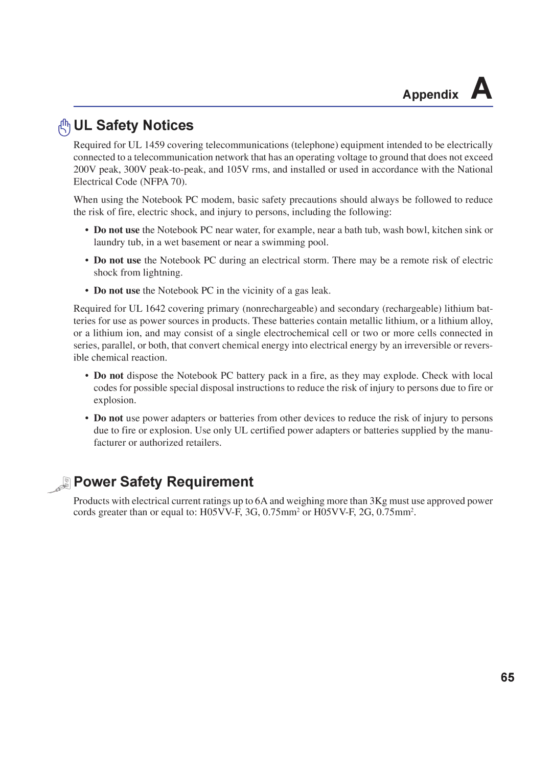 Asus A8F user manual UL Safety Notices, Power Safety Requirement 