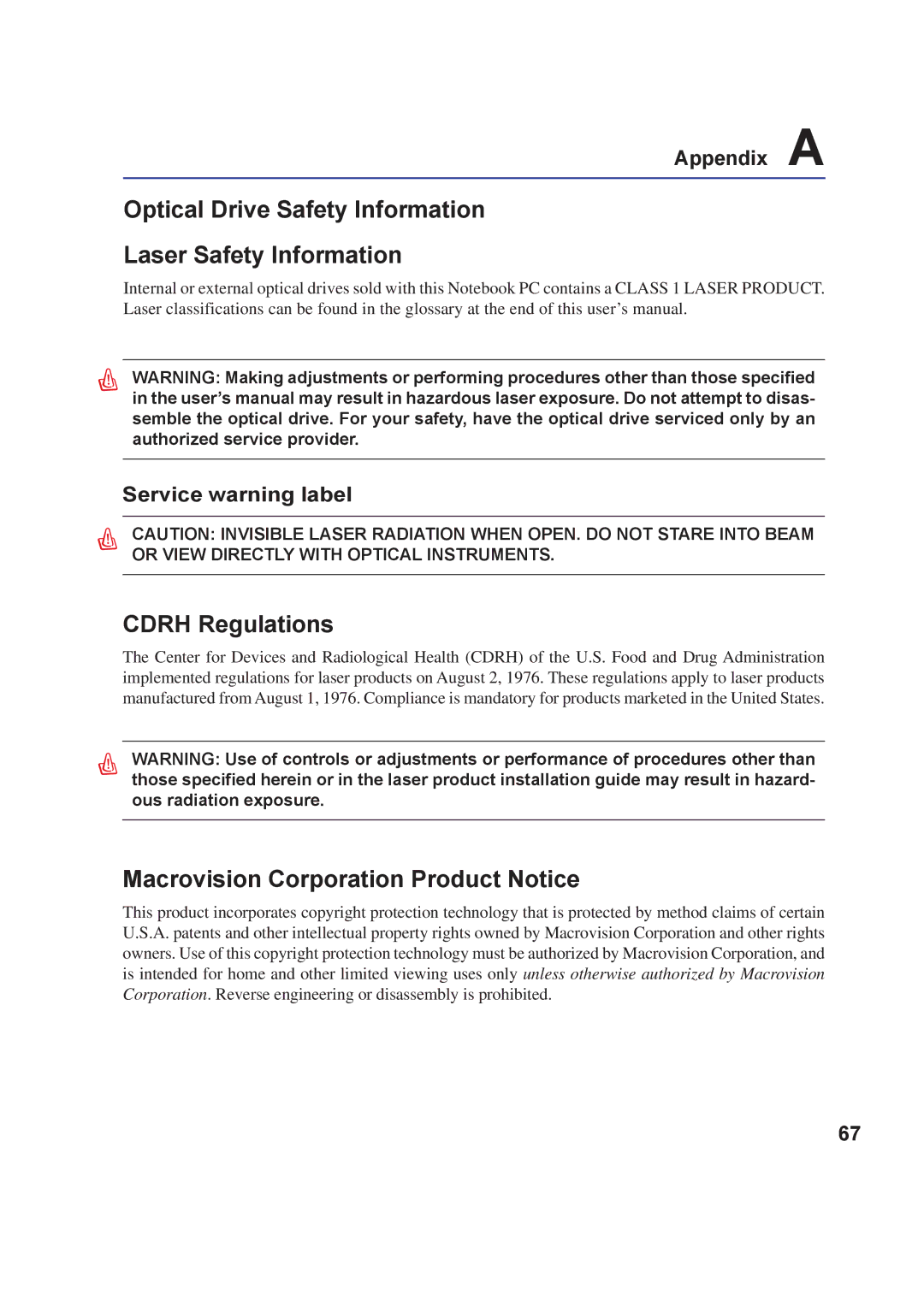 Asus A8F user manual Optical Drive Safety Information Laser Safety Information, Cdrh Regulations, Service warning label 