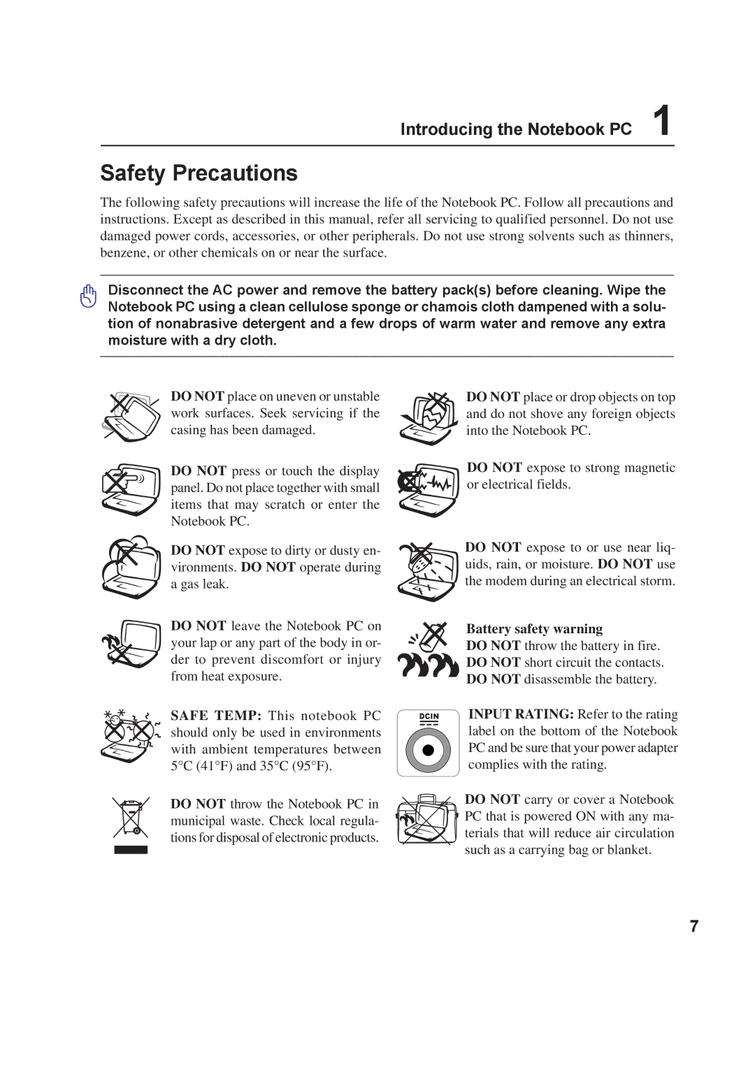 Asus A8F user manual Safety Precautions, Battery safety warning 