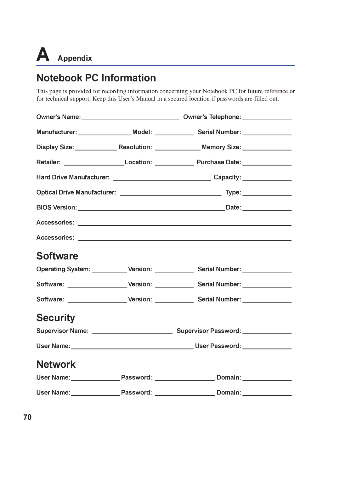 Asus A8F user manual Software, Security, Network 