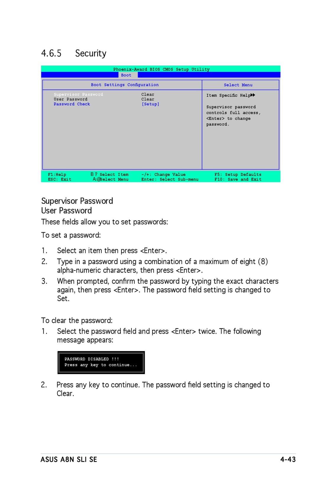 Asus A8N-SLI SE manual Security, Supervisor Password User Password, Press any key to continue 