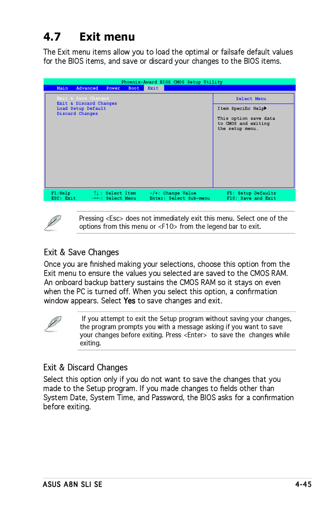 Asus A8N-SLI SE manual Exit menu, Exit & Save Changes, Exit & Discard Changes, Main Advanced Power Boot 